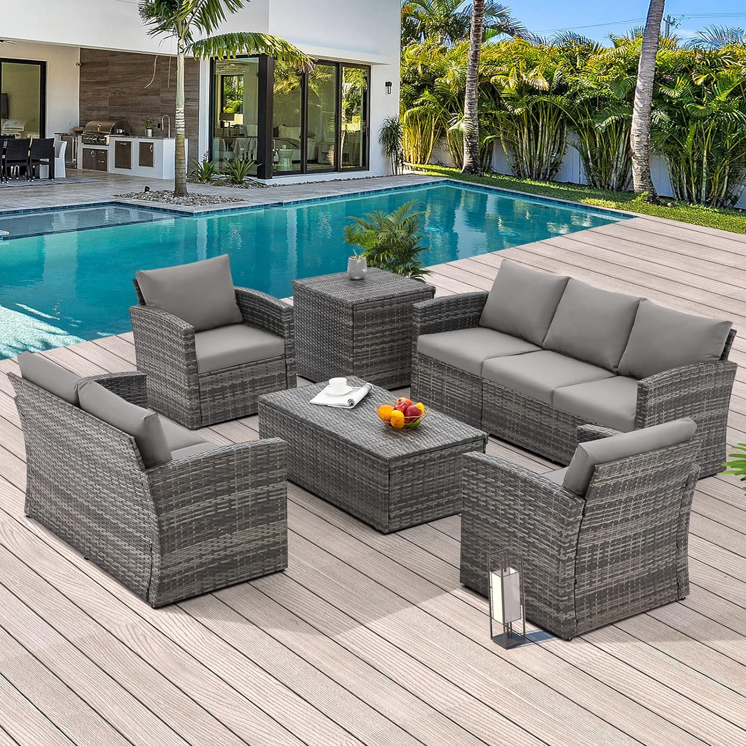 AECOJOY 7 Pieces Patio Furniture Set with Two Storage Boxes, Outdoor Rattan Conversation SetAll-Weather PE Wicker Sectional Sofa Outdoor Furniture for Garden, Backyard, Deck, Grey Rattan&Grey
