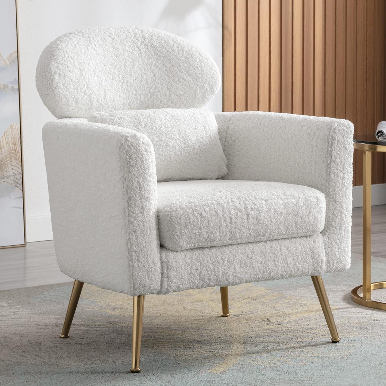 Accent Chair Upholstered Barrel Arm Chair for Living Room Bedroom Reception Room Office, Modern Soft Padded Single Sofa Chair with Golden Legs & Lumbar Pillow, Fur White