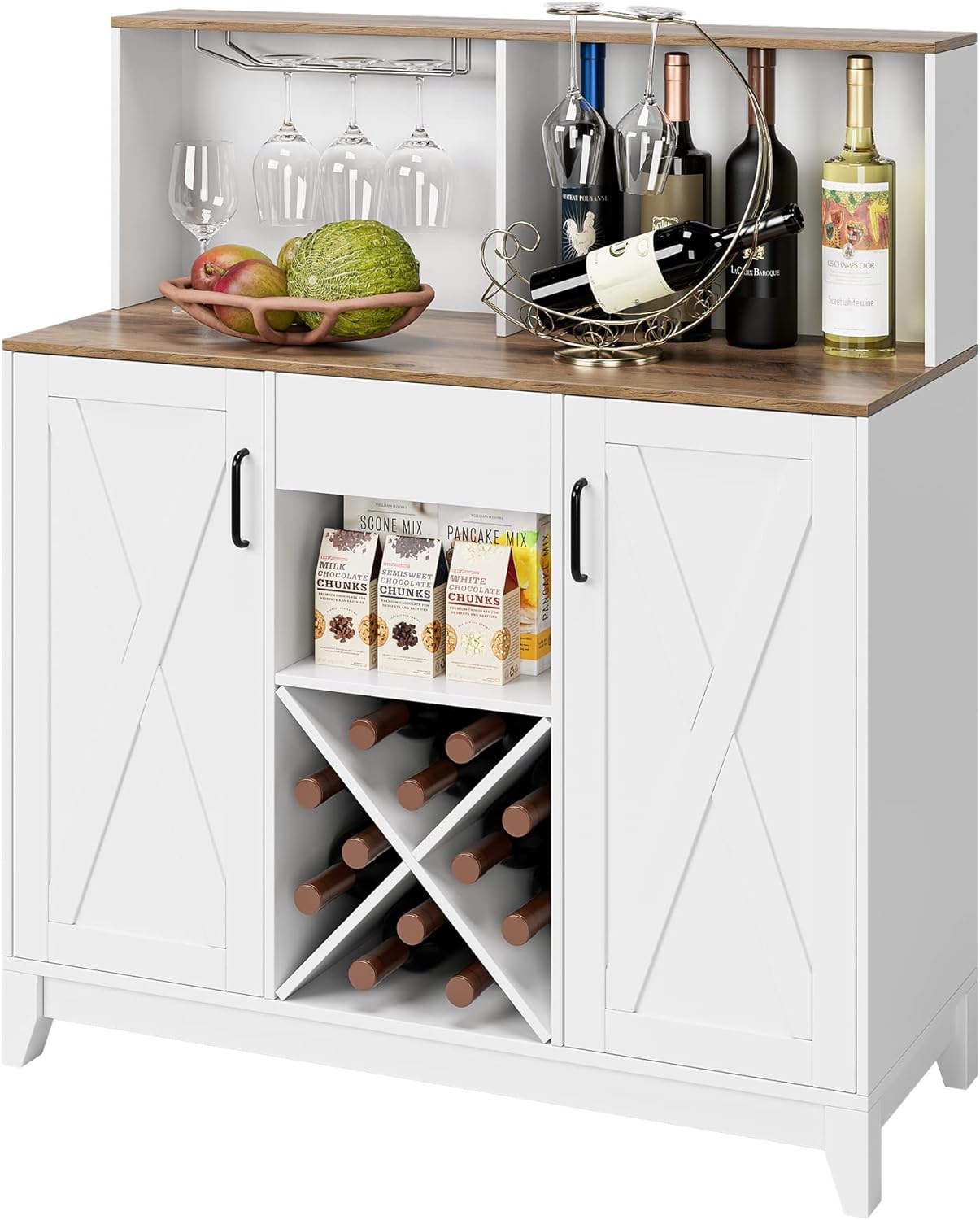 HOSTACK Farmhouse Coffee Bar Cabinet, Barn Doors Liquor Bar Cabinet with Storage, Wood Sideboard Buffet Kitchen Storage Cabinet with Shelves | GlassHolder for Home, Dining Room Furniture, Ash Grey