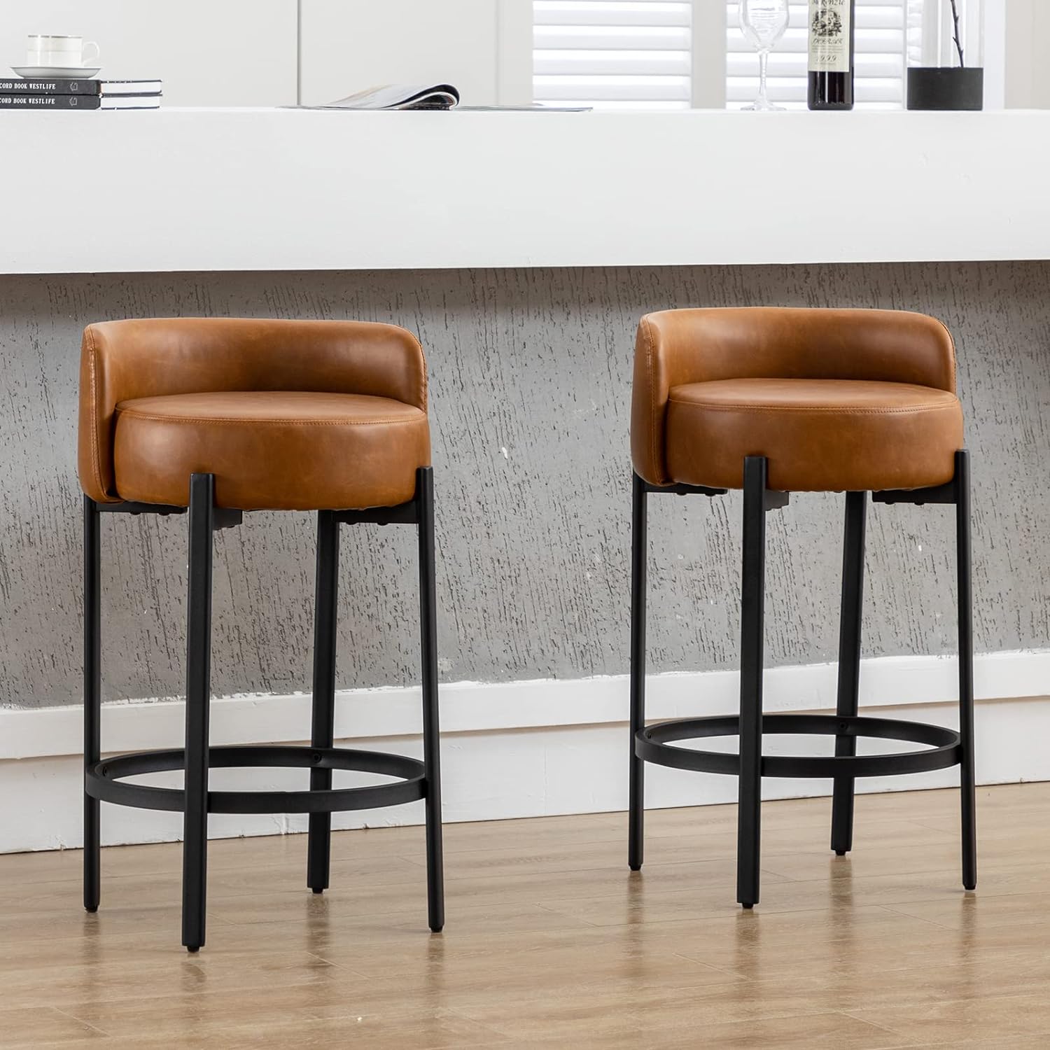 DUOMAY Counter Height Bar Stools 26 Round Barstools Set of 2, Modern Faux Leather Counter Stools with Black Metal Legs for for Kitchen Island Counter, Small Space, Brown