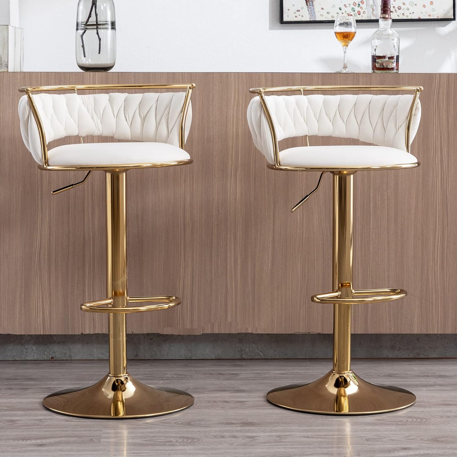 DUOMAY Modern Swivel Bar Stools Set of 2, Velvet Adjustable Height Barstools Low Back Kitchen Island Counter Bar Chair with Golden Base, White