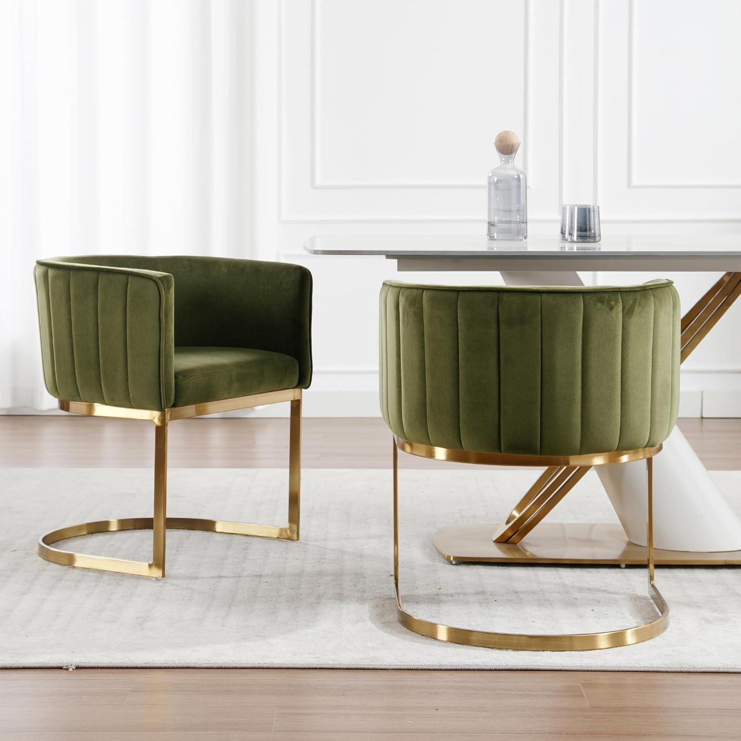 Upholstered Comfy Dining Chairs Set of 2 Kitchen and Dining Room Chairs with Arms Mid Century Modern Dining Chair with Gold Metal Legs for Dining Room Restaurant Cafe Living Room, Velvet Green