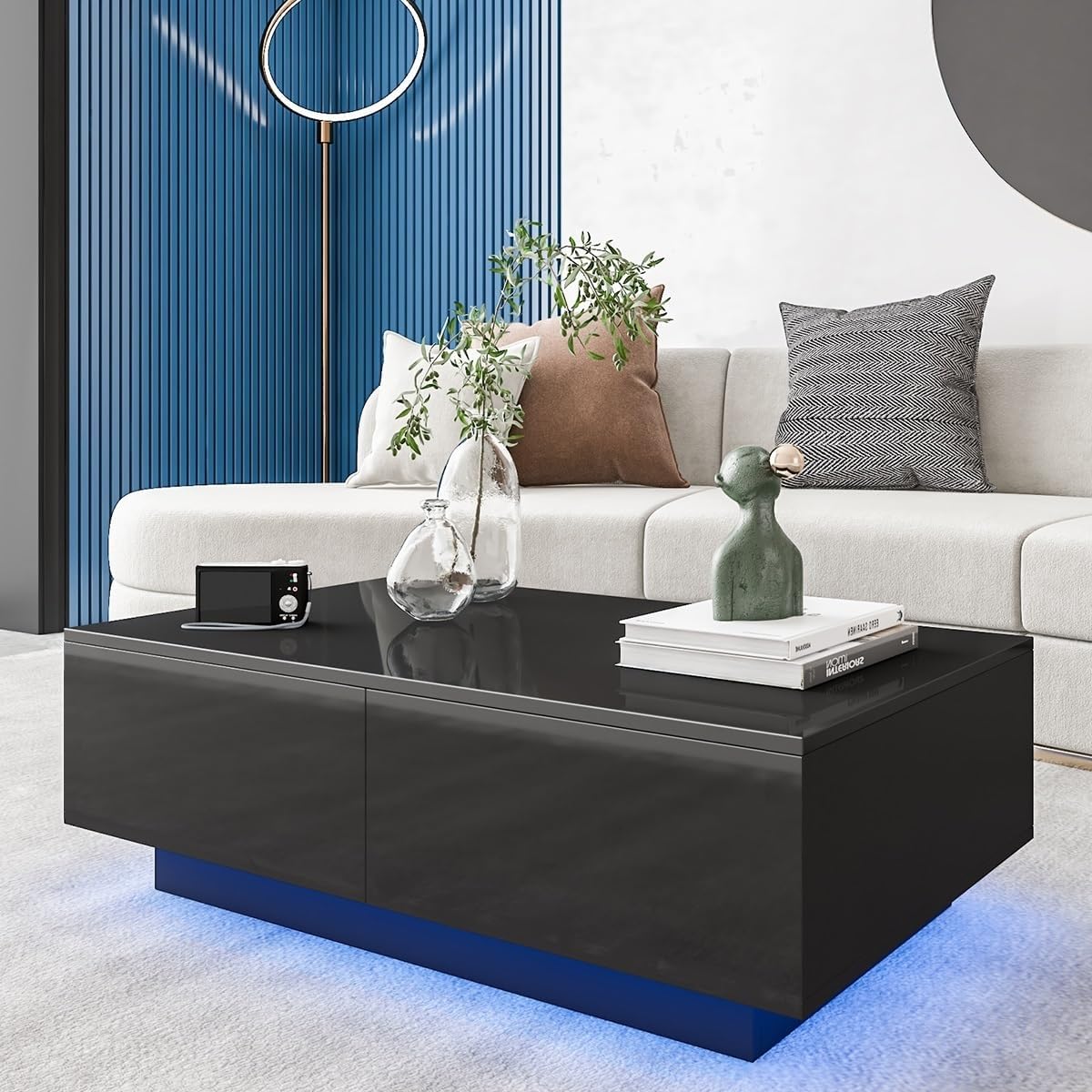 HOMMPA LED Coffee Table for Living Room Black Coffee Table with 4 Drawers High Glossy Center Table with Storage Modern Coffee Table with Storage