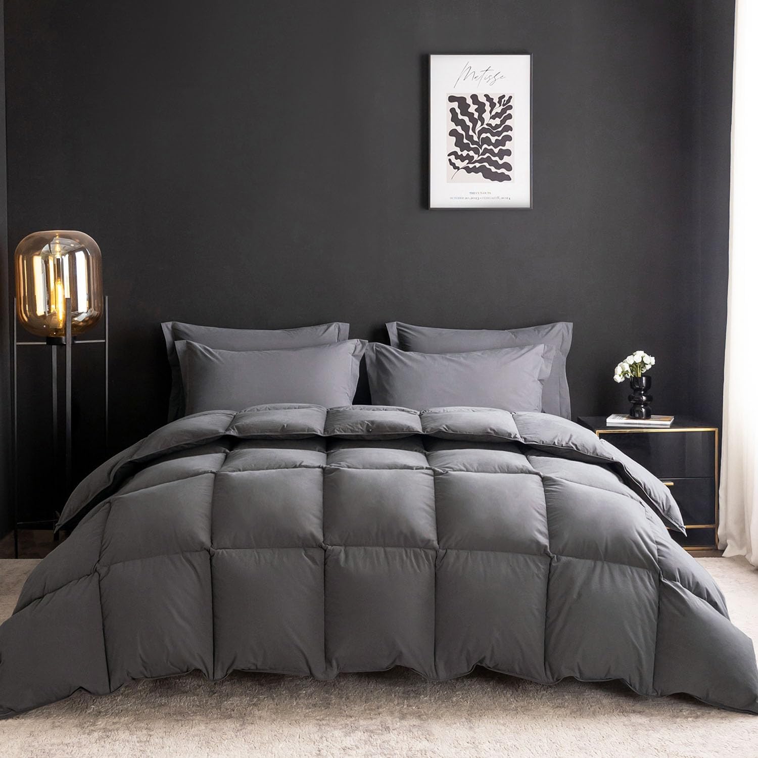 Goose Feather Down Comforter King Size,Hotel Style Bedding Comforter,750+ Fill Power,1200TC,100% Organic Cotton Fabric,All Season Grey Duvet Insert with 8 Corner Tabs