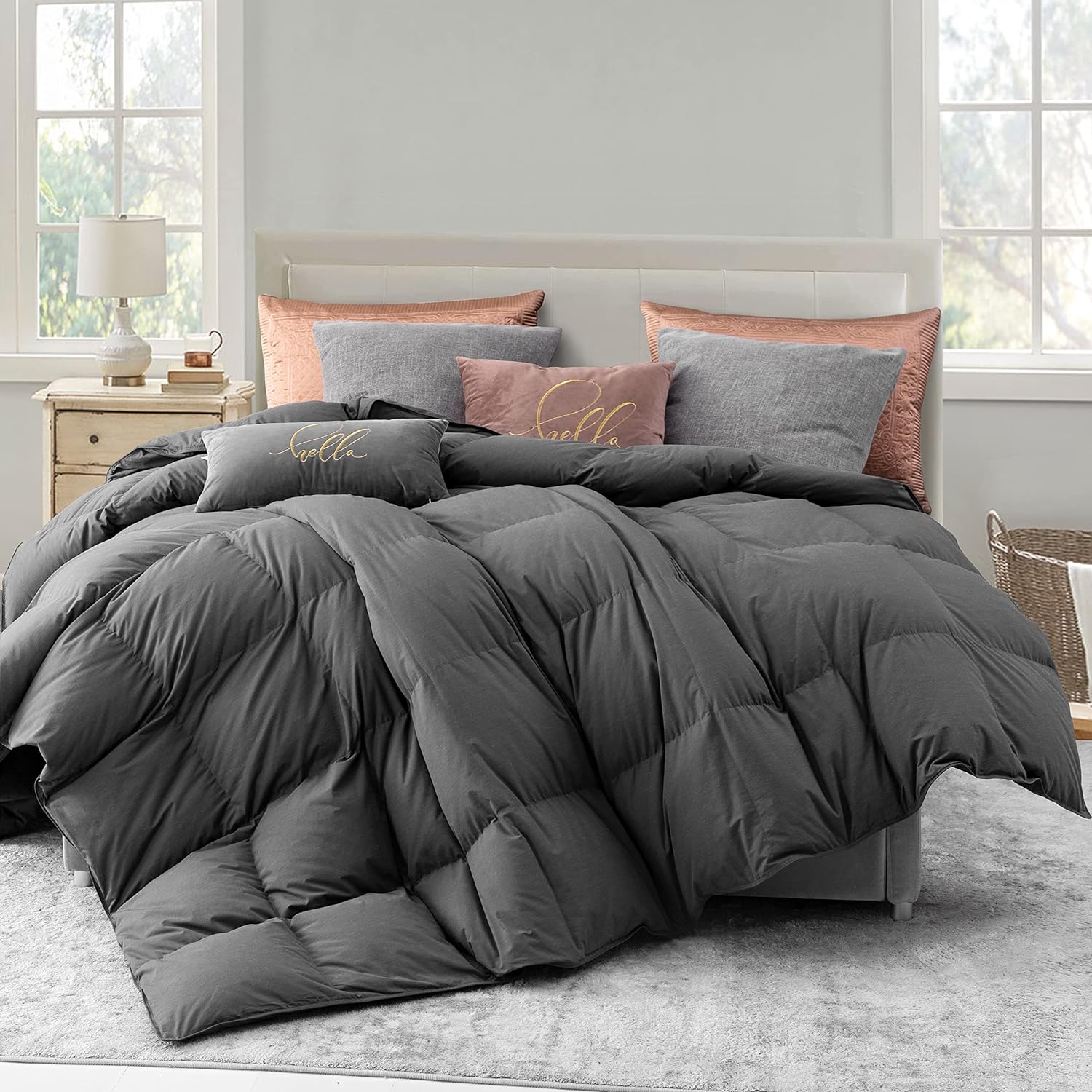 Three Geese Luxurious Down Comforter Queen Size, Ultra-Soft& Breathable Noiseless Cover, Lightweight All Seasons Down Duvet Insert Baffle Box Design - 41oz Fill Weight(Gray,90L x 90W)