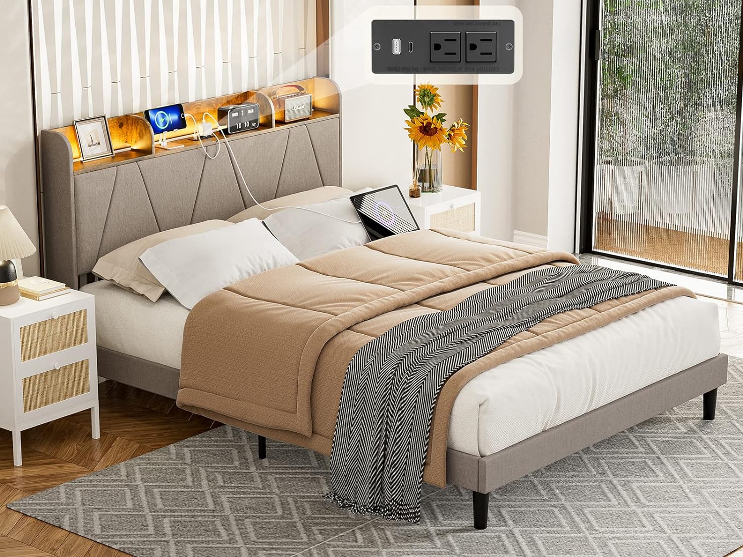 IKIFLY Queen Bed Frame with Charging Station & Storage Shelf Headboard, Upholstered LED Bed Frame with 2 Outlets and 2 USB Ports, Solid Wood Slats, No Box Spring Needed - Light Brown