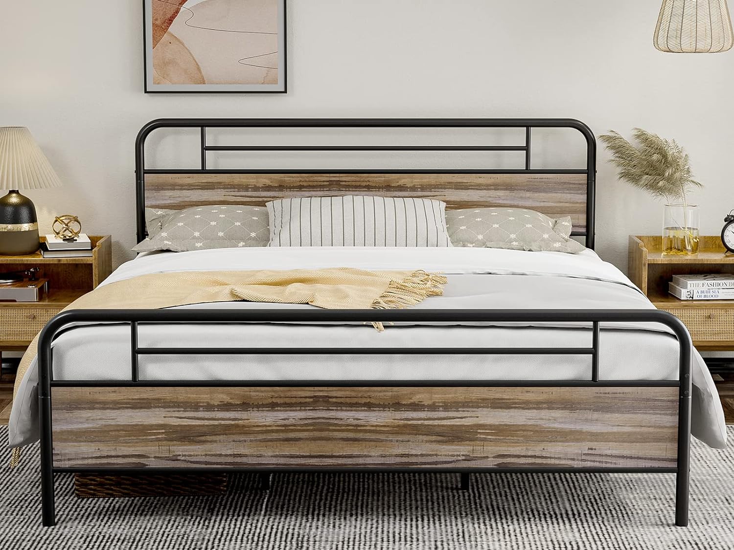 IKIFLY California King Size Metal Platform Bed Frame with Wood Headboard Footboard, Heavy Duty Steel Slats, 12 Under Bed Storage, Noise Free, No Box Spring Needed - Cal King/Wood Brown