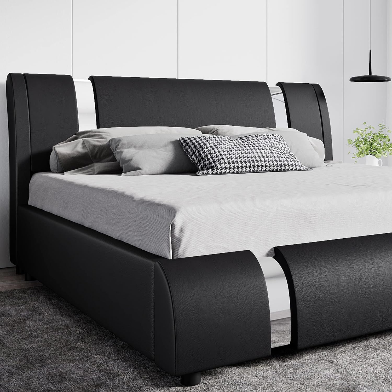 SHA CERLIN Modern Faux Leather Queen Bed Frame with Adjustable Headboard and Iron Accents, Deluxe Upholstered Platform Bed with Solid Wooden Slats Support/No Box Spring Needed, Black