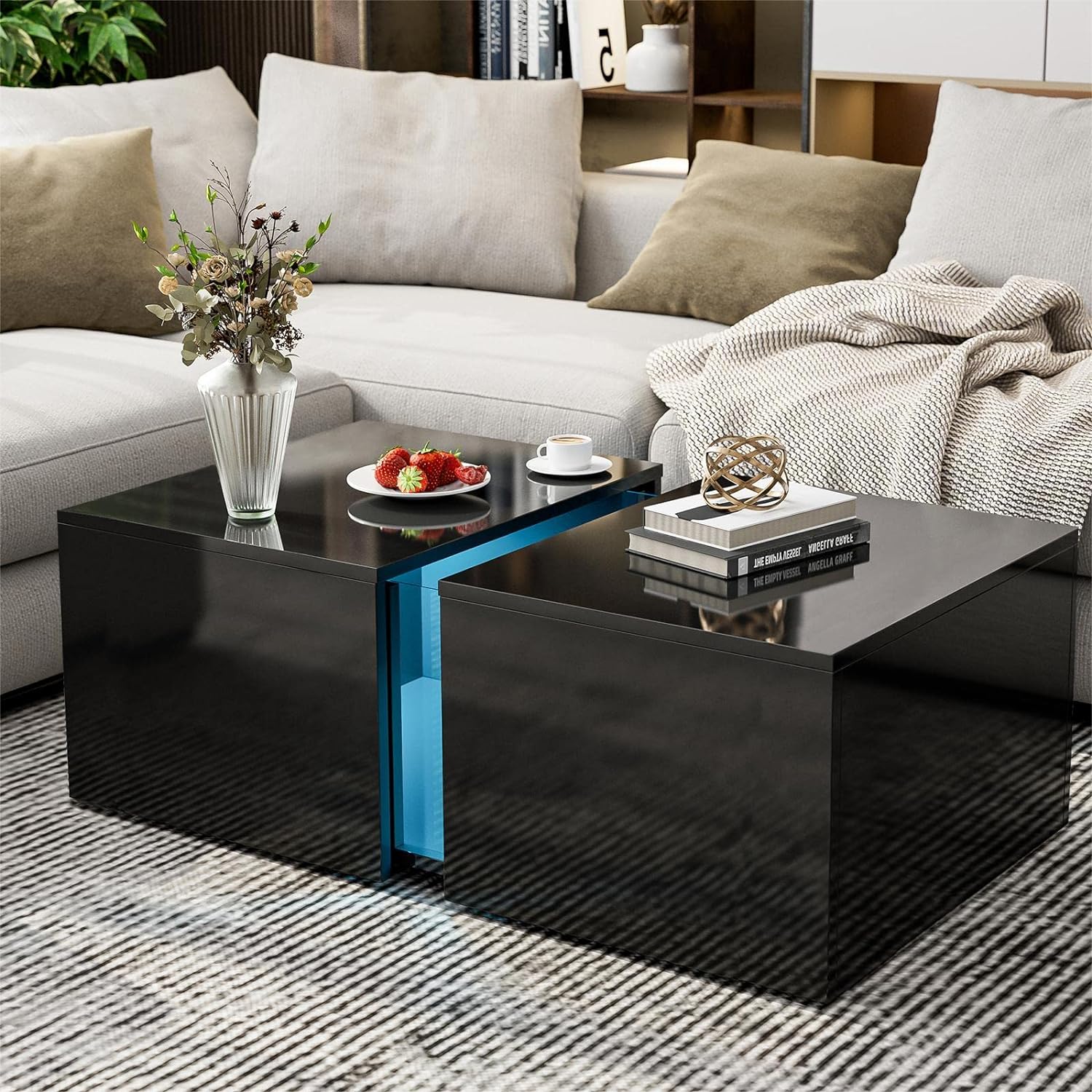 IKIFLY Black LED Coffee Table, Modern Coffee Tables for Living Room with Storage Space & 16-Color LED Lights