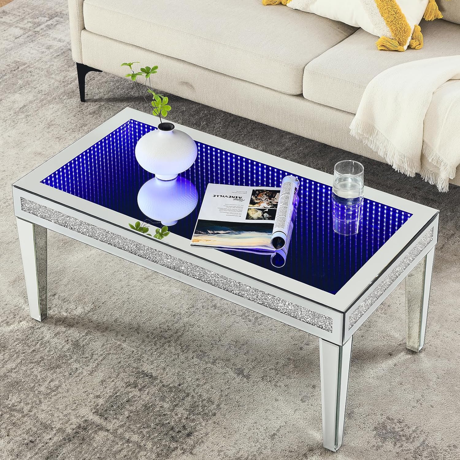 IKIFLY Mirrored Coffee Table with LED Lasagna Lights, Glass Rectangle Coffee Tea Table with Crushed Diamond for Living Room Bedroom