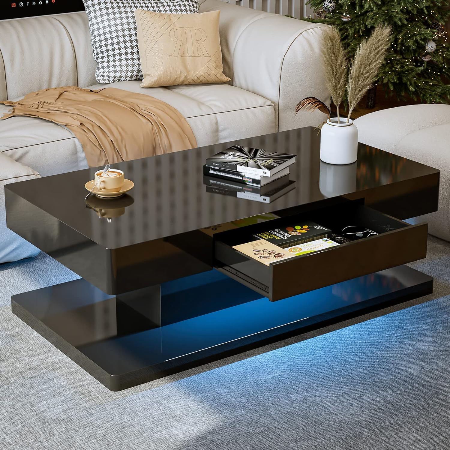 IKIFLY Modern LED Coffee Table with Drawer, Black High Glossy Rectangle Coffee End Table with 16 Colors LED Lights for Living Room Bedroom