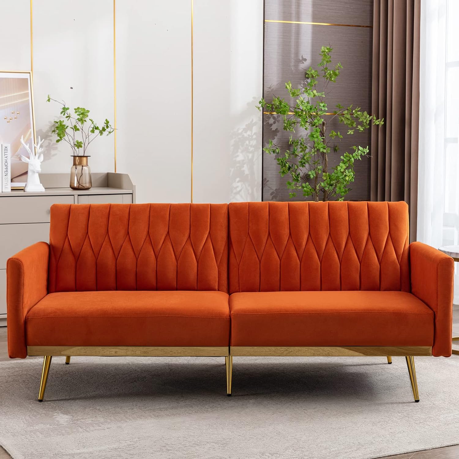 70 W Velvet Convertible Futon Sofa Bed, Mid Century Modern Decor, Tufted Loveseat Couch Sleeper Futon Sofa with Adjustable Armrests& Golden Metal Legs for Home Living Room Bedroom (Orange)