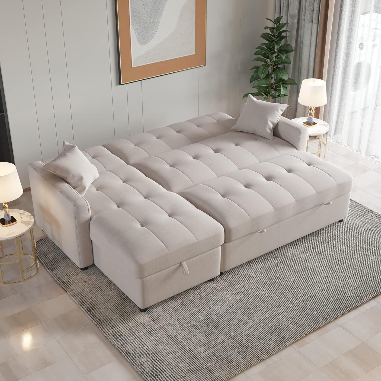 Reversible Sectional Sleeper 82In Wide Couch with Storage, Pull-Out Sofa Bed, L-Shape with Chaise for Living Room Small Apartment (Light Grey), LV7047