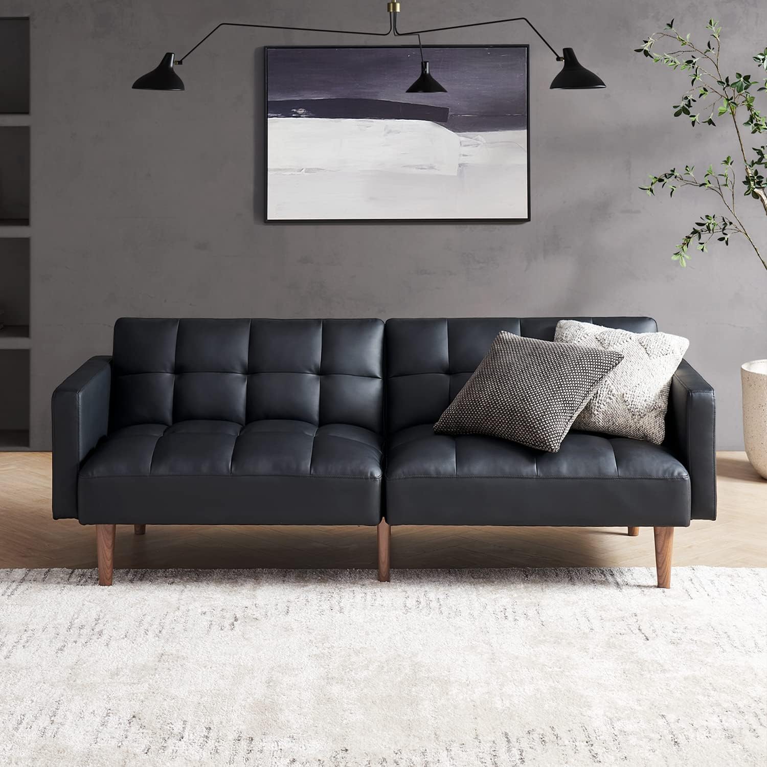 mopio Aaron Couch, Small Sofa, Futon, Sofa Bed, Sleeper Sofa, Loveseat, Mid Century Modern Futon Couch, Sofa Cama, Couches for Living Room, Bedroom 77.5 (Midnight Black Faux Leather)