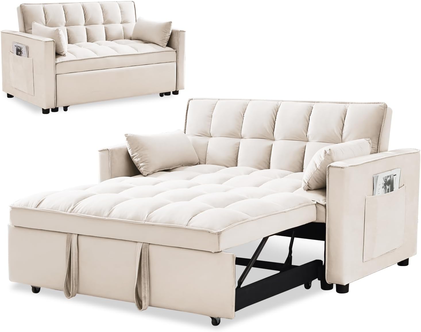 3 in 1 Sleeper Sofa Couch Bed, Velvet Convertible Loveseat Sleeper Sofa with 3 Level Adjustable Backrest, Storage Pockets, Toss Pillows, Pull Out Loveseat Sleeper for Living Room, Beige