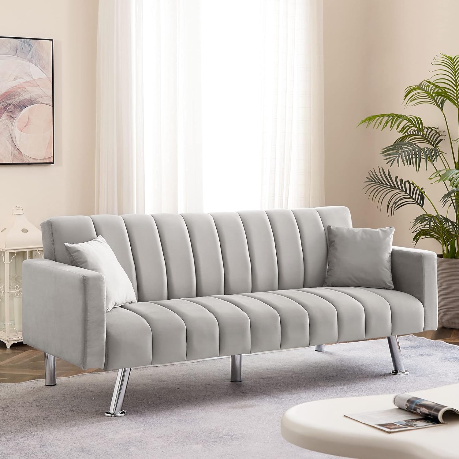 AWQM Sofa Bed, Upholstered Convertible Sofa Bed with 2 Pillows, Modern Sleeper Sofa Couch with Wooden Frame and Metal Legs, Comfortable Velvet Sofa Suitable for Living Room Bedroom Office (Gray)