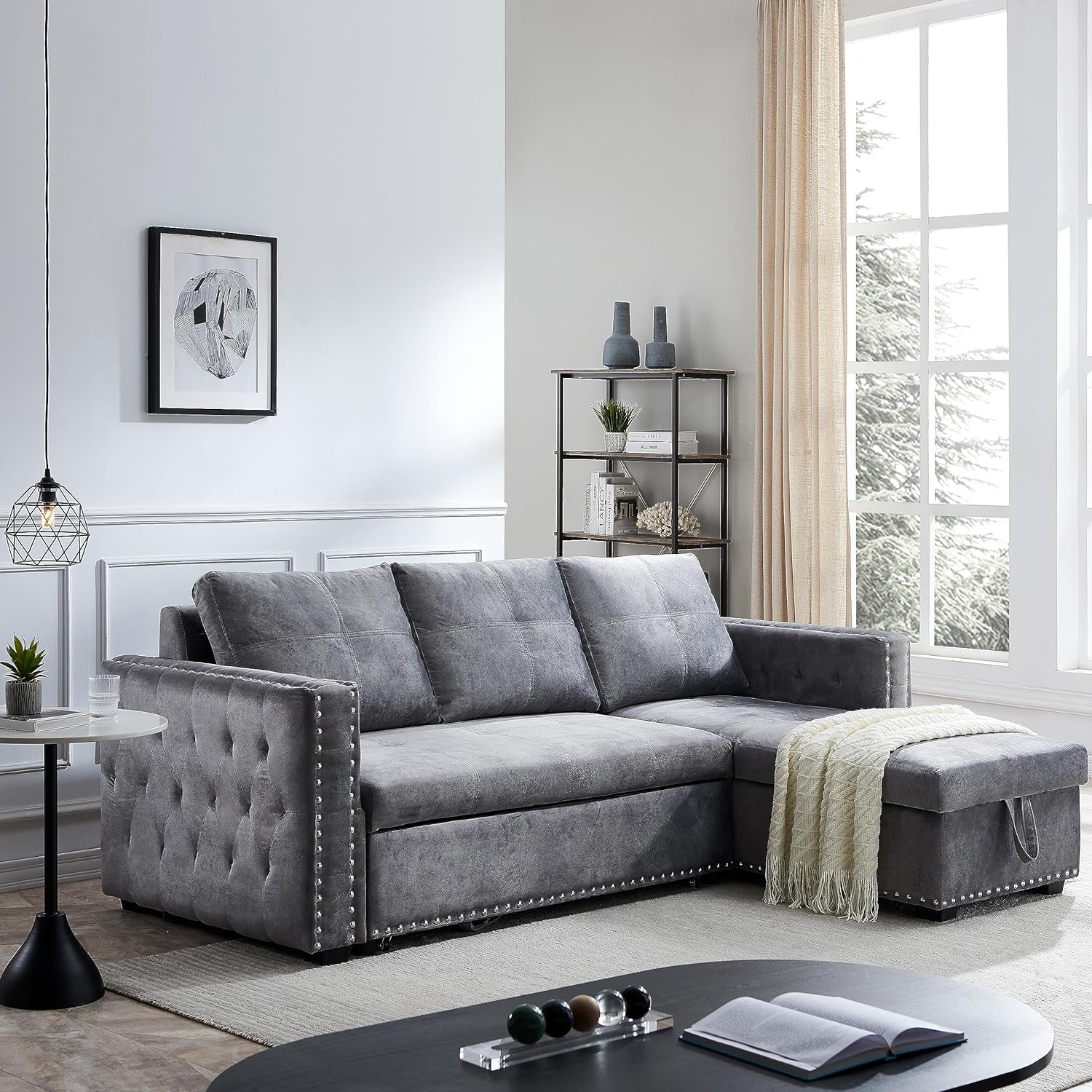 Morden Fort Sleeper Sectional Sofa [Large Size] Reversible Storage L-Shape Chaise 3 Seat Sectional Couch with Put Out Bed Velvet Gray