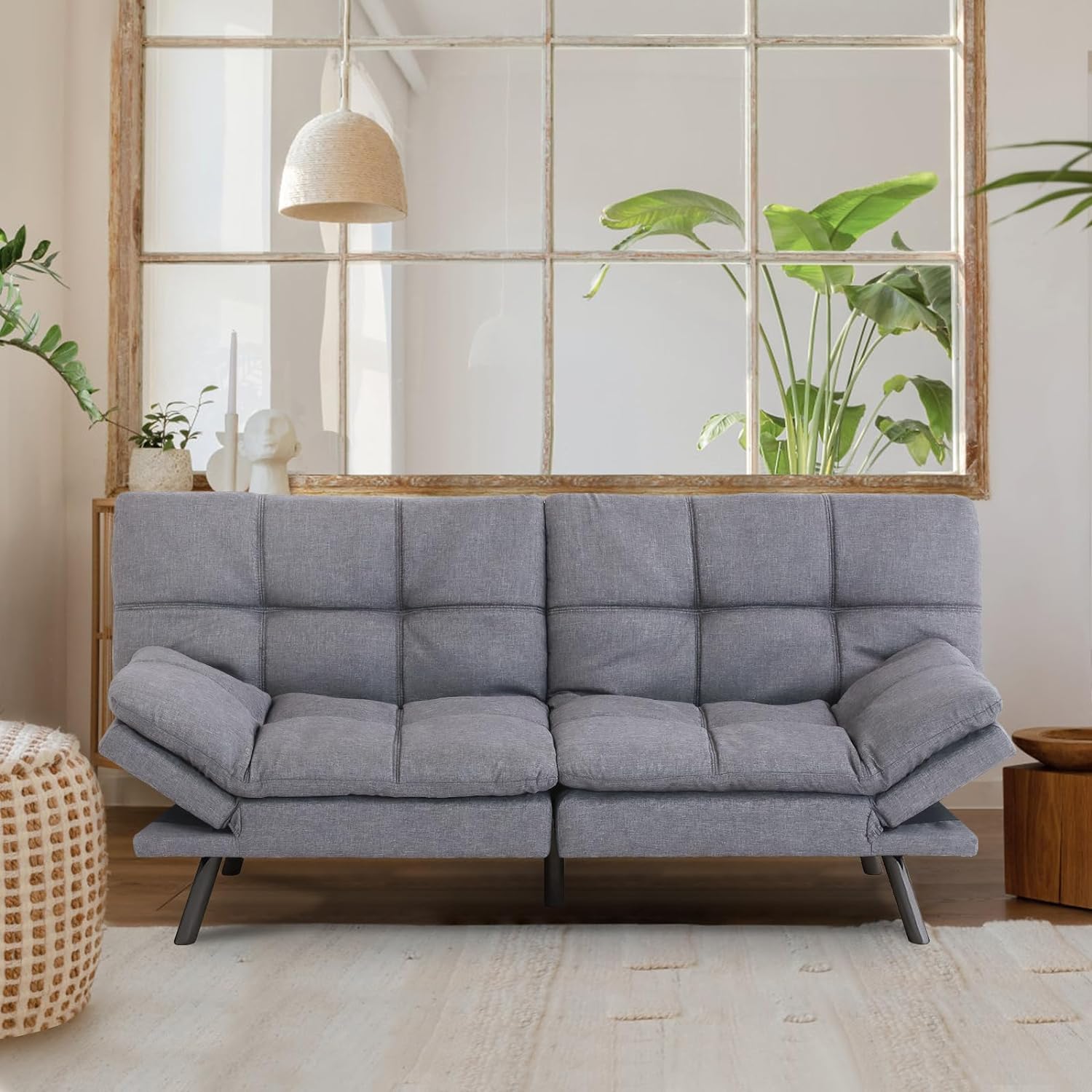 Futon Sofa Couch Bed,Convertible Futon Couch Bed,Memory Foam Futon Sleeper Sofa,Loveseat Sofa Bed,Small Splitback Polyester Modern Sofa for Living Room,Office,Apartment,Light Grey