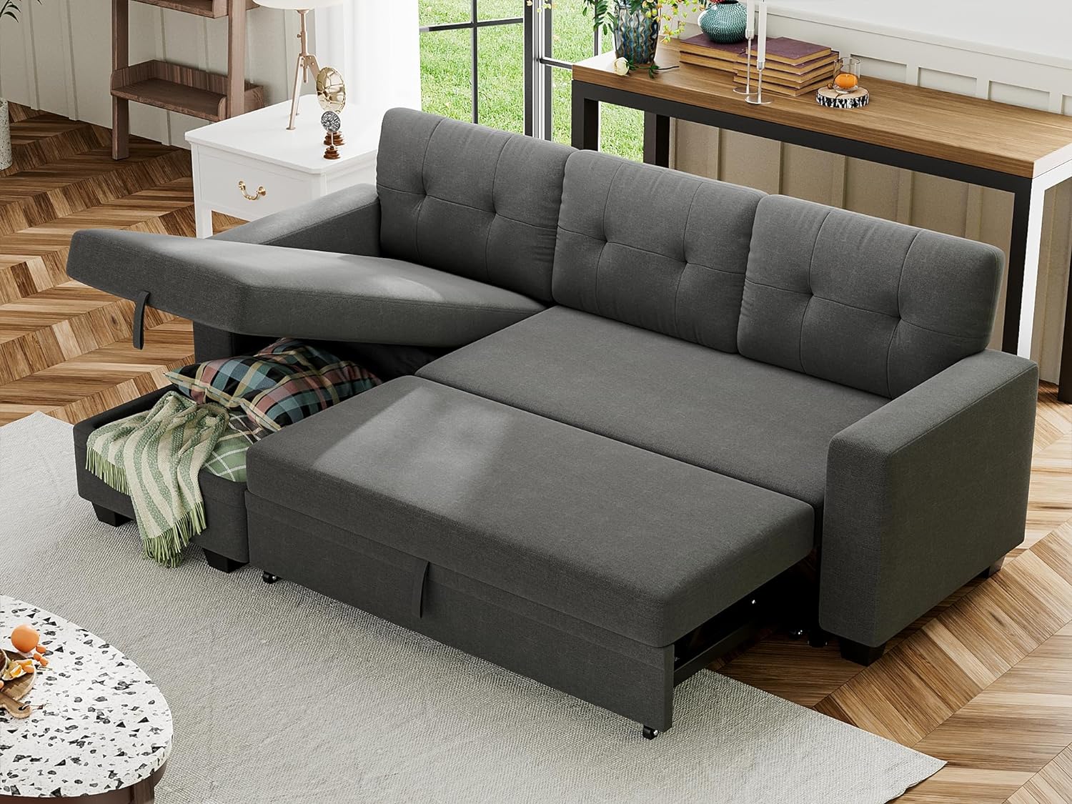 Sofa Bed Reversible Convertible Sleeper Pull Out Couches with Storage Chaise, Linen Fabric Furniture for Living Room, Dark Gray, 1 Set