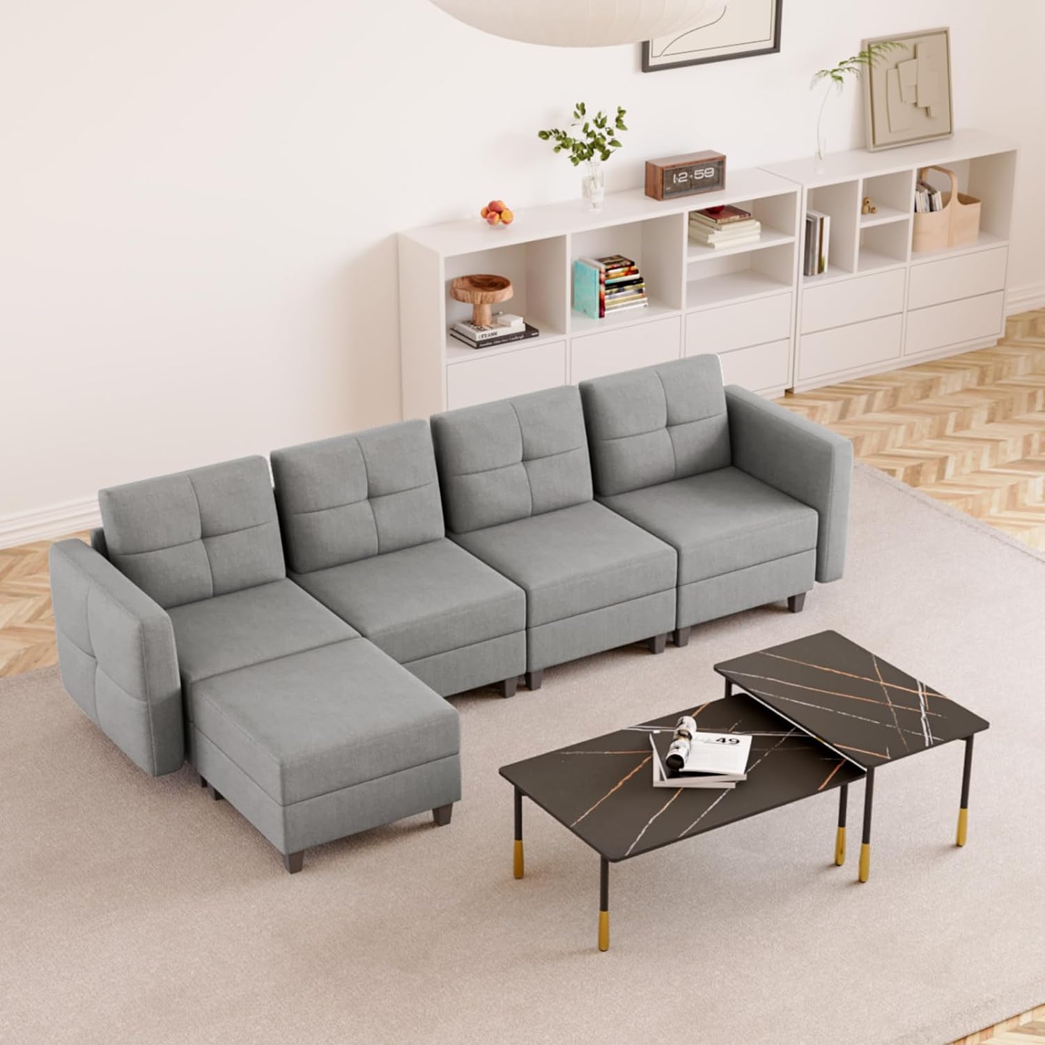 5 Pieces Modular Sectional Sofa Couch with Storage, Linen L-Shaped 4-seat Large Sectional Couch with Ottoman for Living Room, Upholstered Cushion