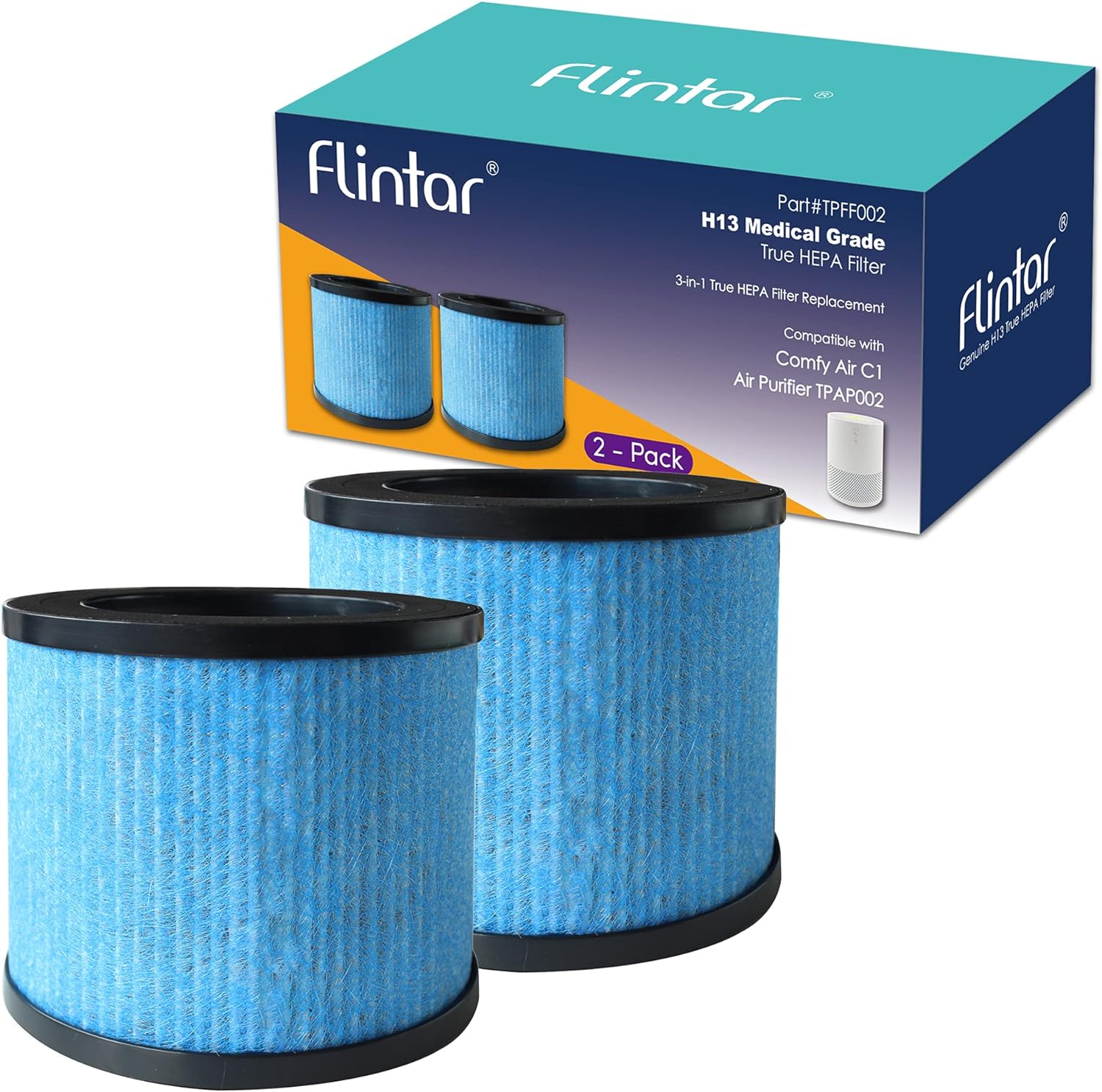 Flintar TPAP002 True HEPA Replacement Filters, Compatible with TOPPIN TPAP002 HEPA Air Purifier Comfy Air C1, 3-in-1 H13 Grade True HEPA Filter Set, Part# TPFF002, 2-Pack