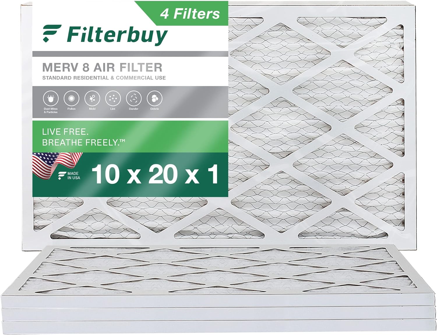 Filterbuy 10x20x1 Air Filter MERV 8 Dust Defense (4-Pack), Pleated HVAC AC Furnace Air Filters Replacement (Actual Size: 9.50 x 19.50 x 0.75 Inches)