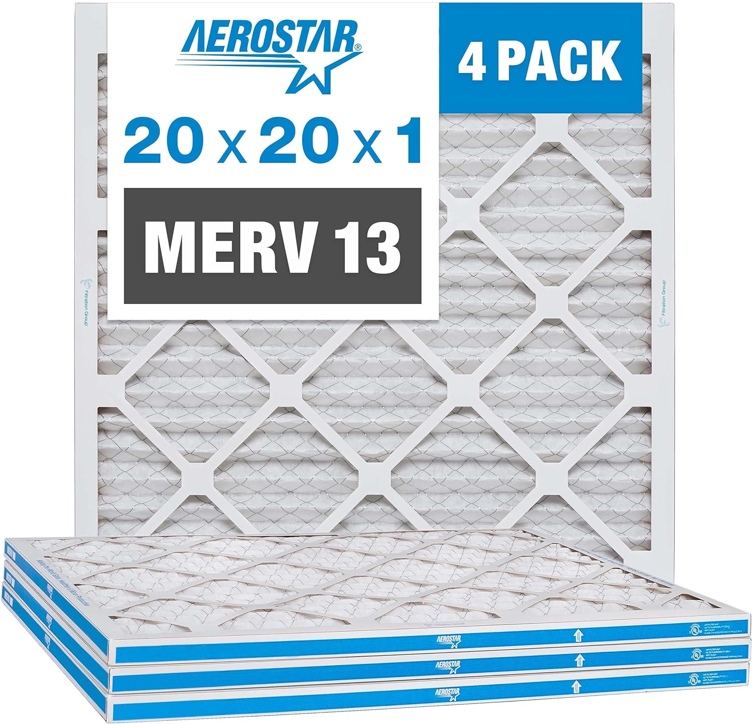 Aerostar 20x20x1 MERV 13 Pleated Air Filter, AC Furnace Air Filter, 4 Pack (Actual Size: 19 3/4 x 19 3/4 x 3/4)