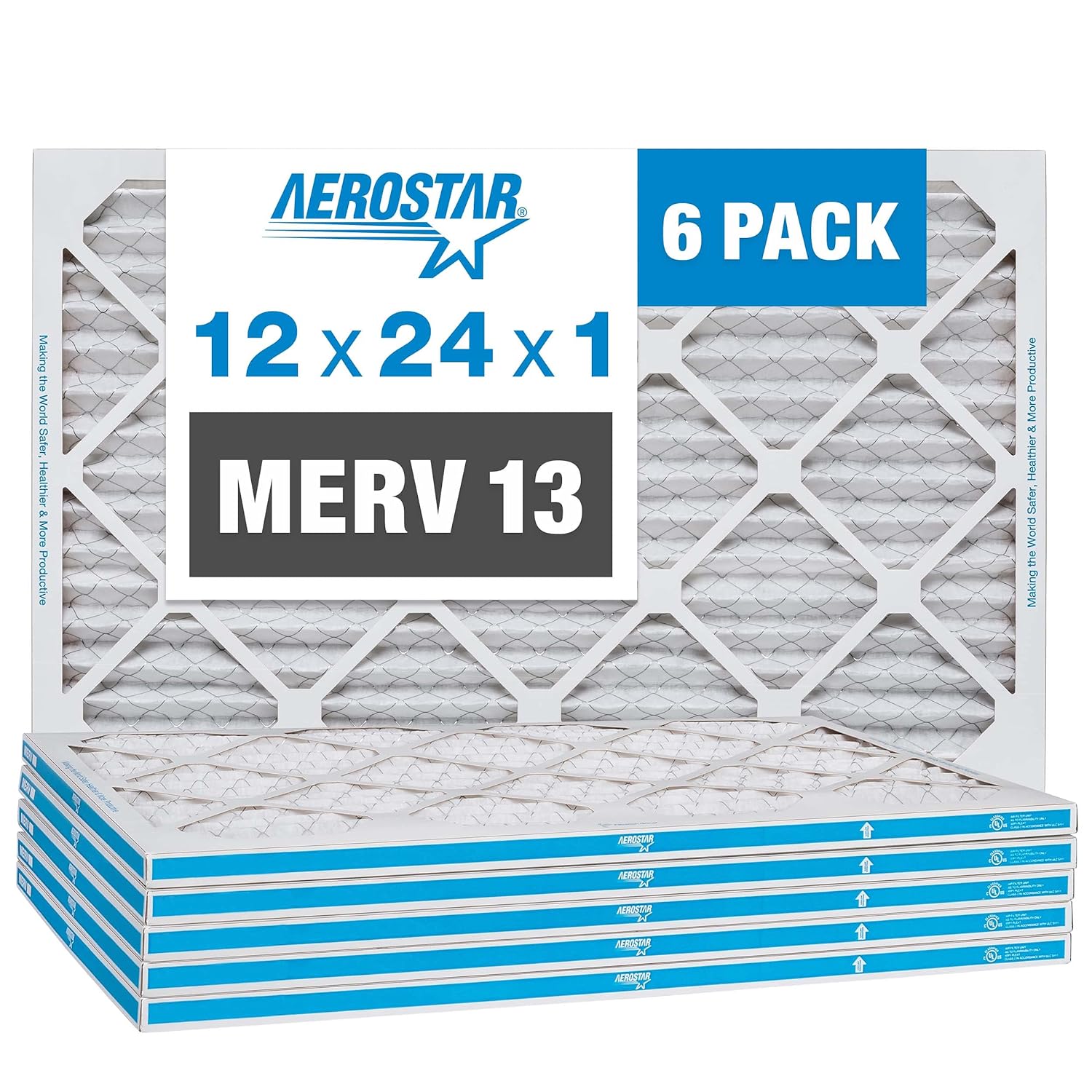 Aerostar 12x24x1 MERV 13 Pleated Air Filter, AC Furnace Air Filter, 6 Pack (Actual Size: 11 3/4 x 23 3/4 x 3/4)