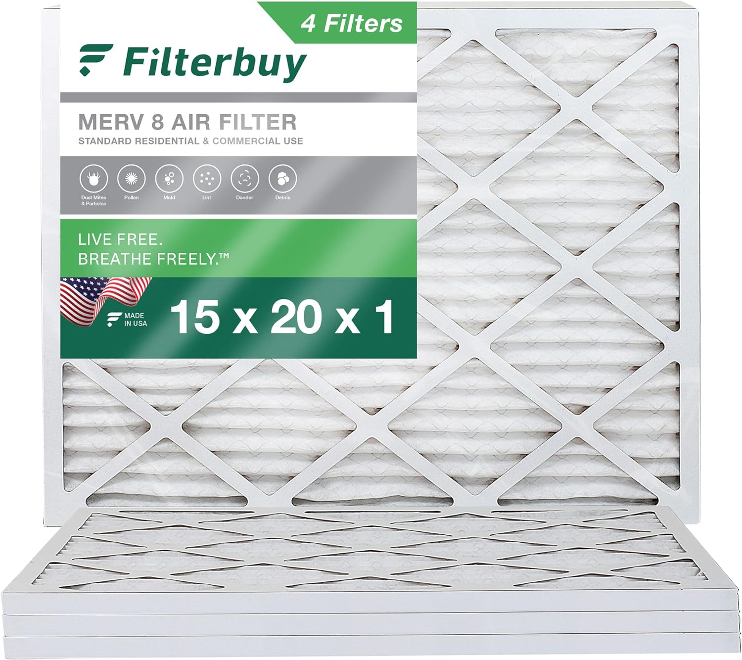 Filterbuy 15x20x1 Air Filter MERV 8 Dust Defense (4-Pack), Pleated HVAC AC Furnace Air Filters Replacement (Actual Size: 14.50 x 19.50 x 0.75 Inches)