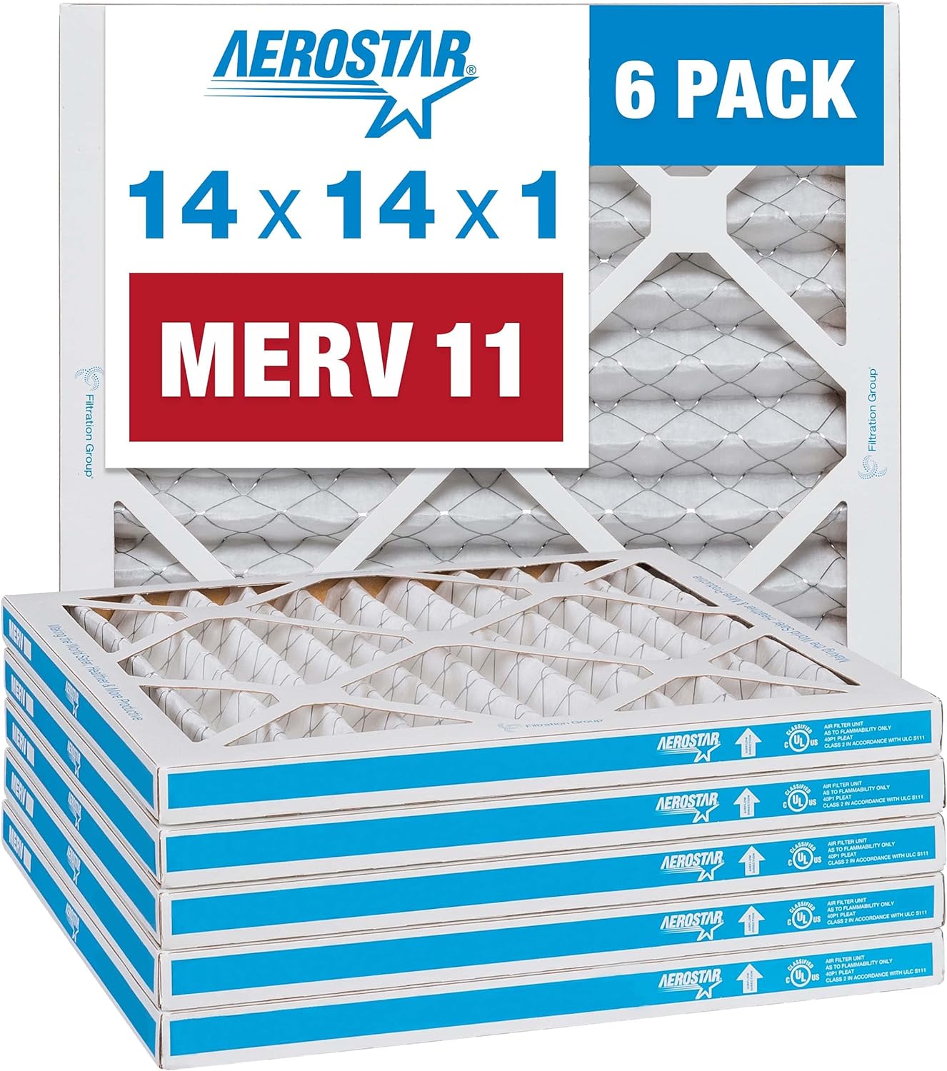 Aerostar 14x14x1 MERV 11 Pleated Air Filter, AC Furnace Air Filter, 6 Pack (Actual Size: 13 3/4x13 3/4x3/4)