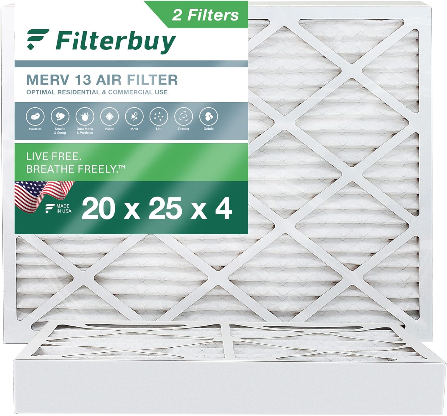 Filterbuy 20x25x4 Air Filter MERV 13 Optimal Defense (2-Pack), Pleated HVAC AC Furnace Air Filters Replacement (Actual Size: 19.38 x 24.38 x 3.63 Inches)