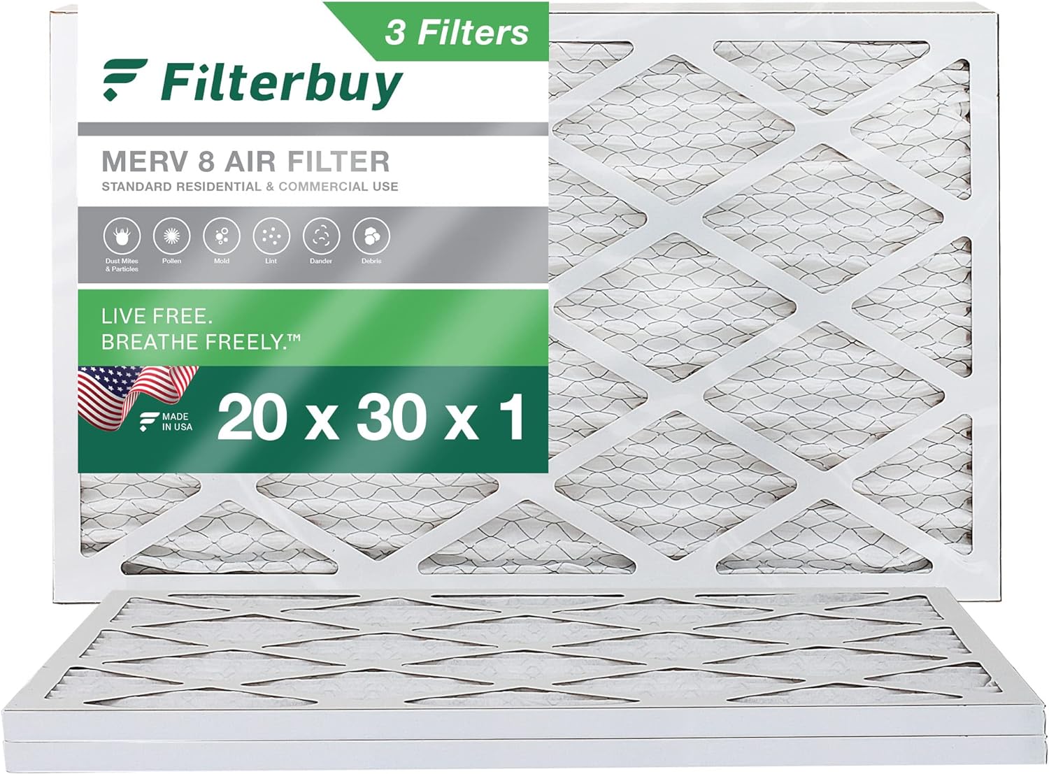 Filterbuy 20x30x1 Air Filter MERV 8 Dust Defense (3-Pack), Pleated HVAC AC Furnace Air Filters Replacement (Actual Size: 19.50 x 29.50 x 0.75 Inches)