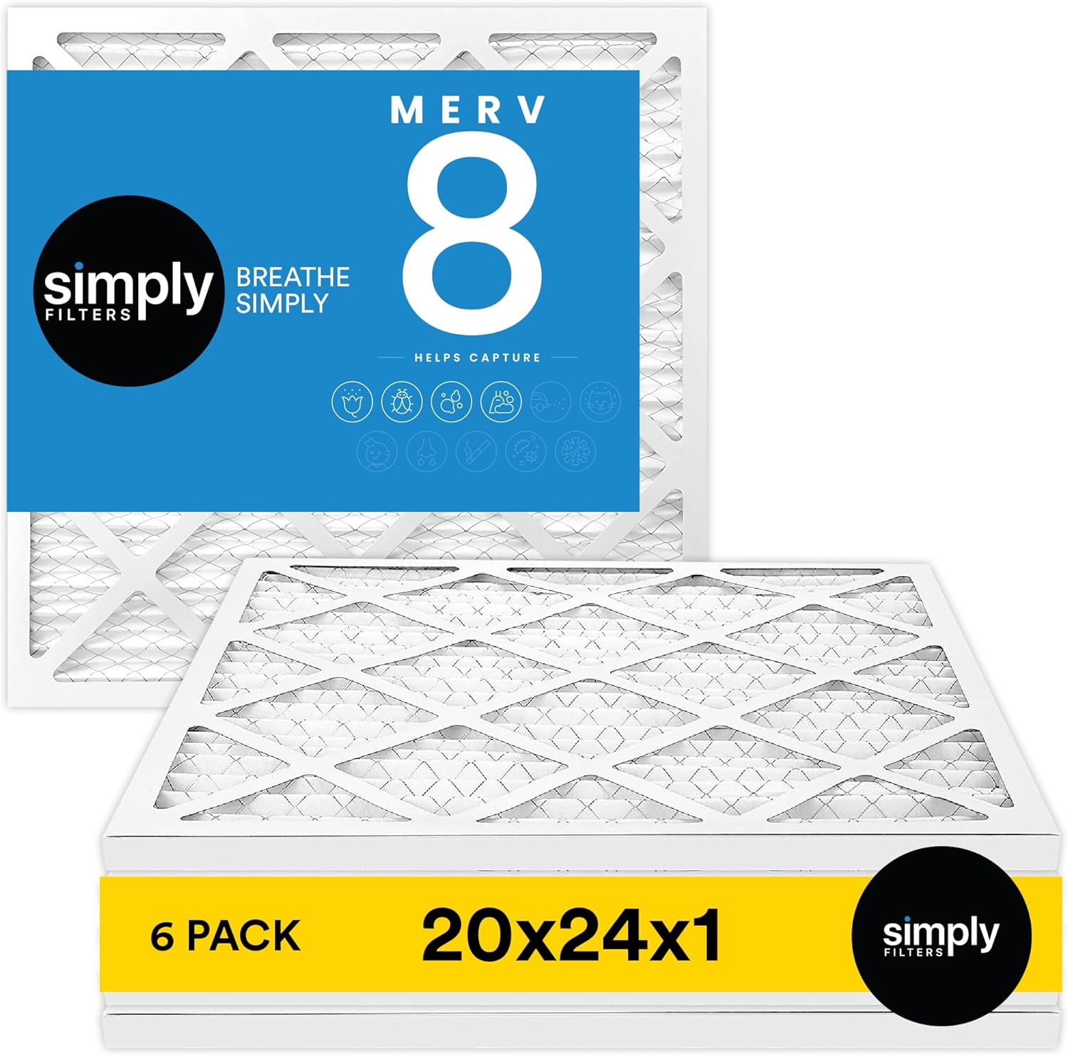 Simply by MervFilters, 20x24x1 Air Filter, MERV 8, MPR 600, AC Furnace Air Filter, 6 Pack