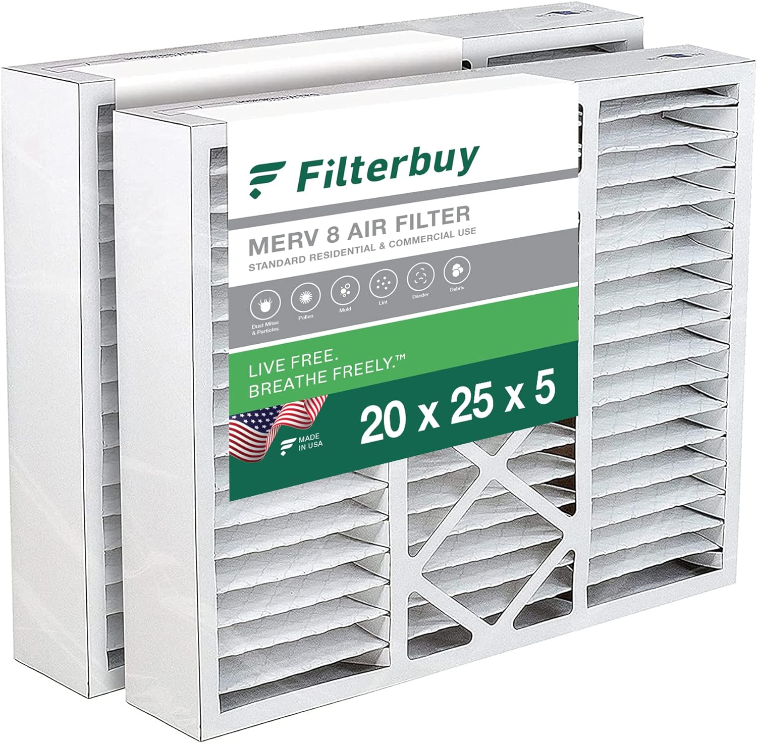 Filterbuy 20x25x5 Air Filter MERV 8 Dust Defense (2-Pack), Pleated HVAC AC Furnace Air Filters for Honeywell FC100A1037, Lennox X6673, Carrier, and More (Actual Size: 19.88 x 24.75 x 4.38 Inches)