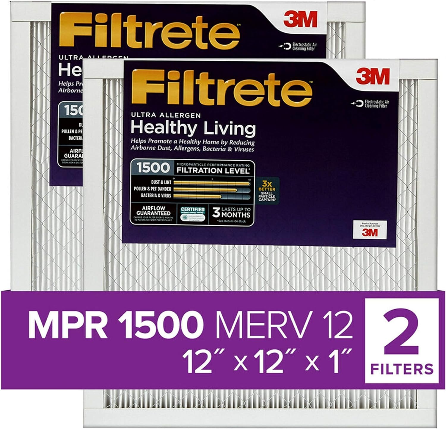 Filtrete 12x12x1 Air Filter, MPR 1500, MERV 12, Healthy Living Ultra-Allergen 3-Month Pleated 1-Inch Air Filters, 2 Filters