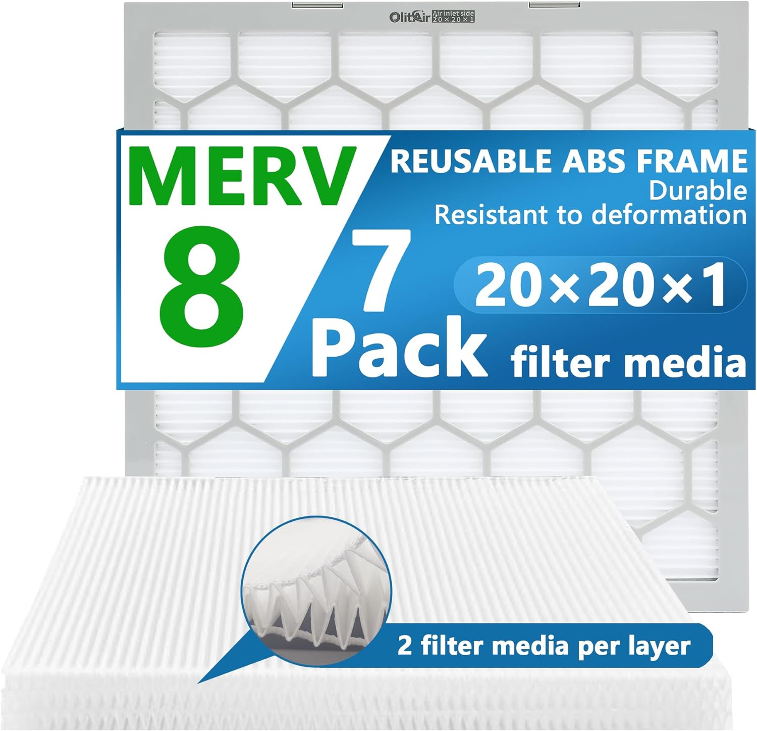 20x20x1 MERV 8 Air Filter,AC Furnace Air Filter,Reusable ABS Plastic Frame, 7 Pack Replaceable Filter Media (Actual Size: 19 3/4 x 19 3/4 x 3/4)