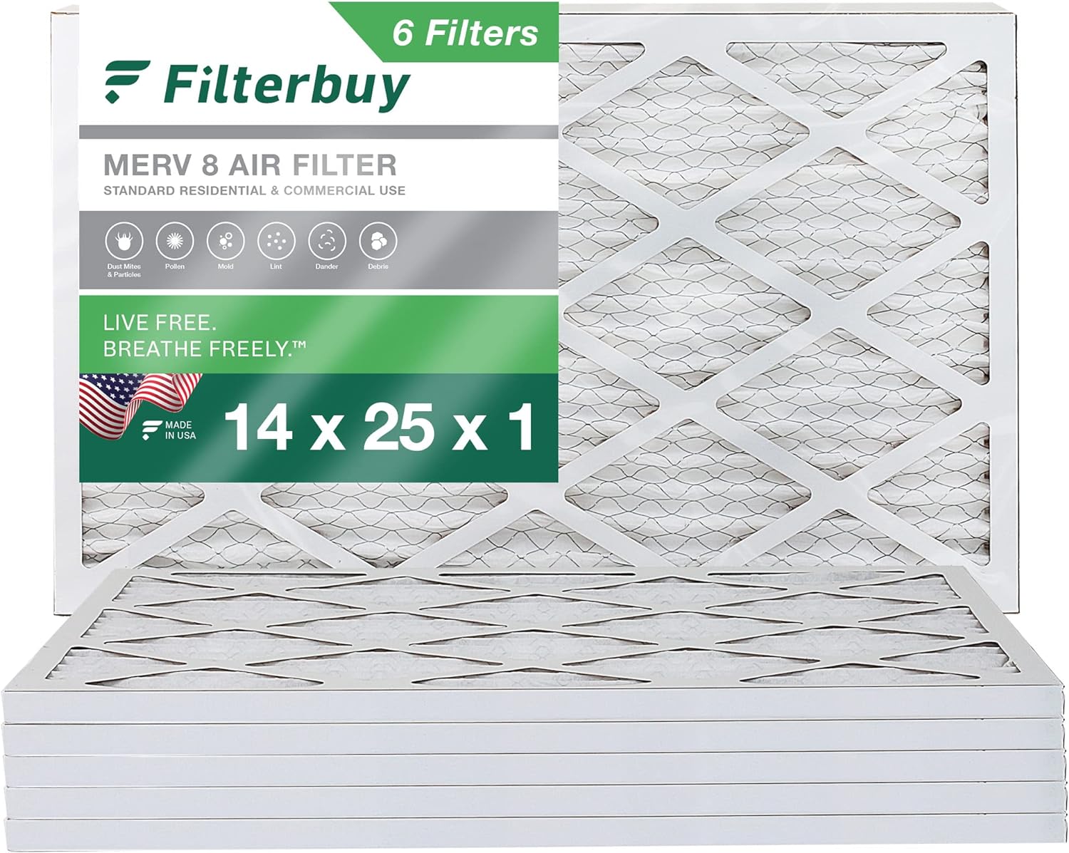 Filterbuy 14x25x1 Air Filter MERV 8 Dust Defense (6-Pack), Pleated HVAC AC Furnace Air Filters Replacement (Actual Size: 13.50 x 24.50 x 0.75 Inches)