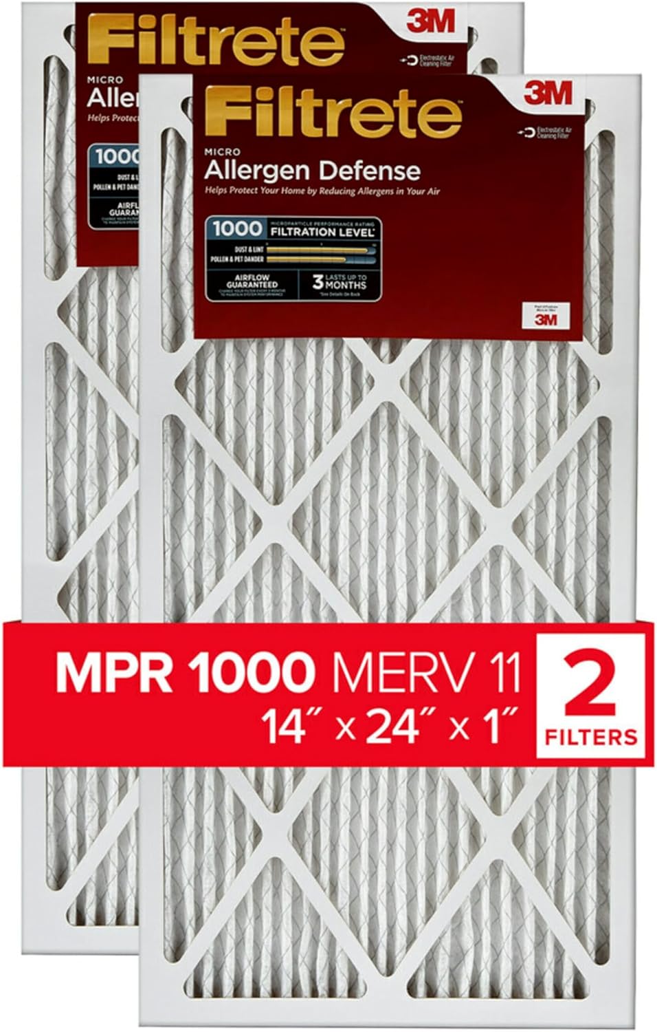 Filtrete 14x24x1 Air Filter, MPR 1000, MERV 11, Micro Allergen Defense 3-Month Pleated 1-Inch Air Filters, 2 Filters