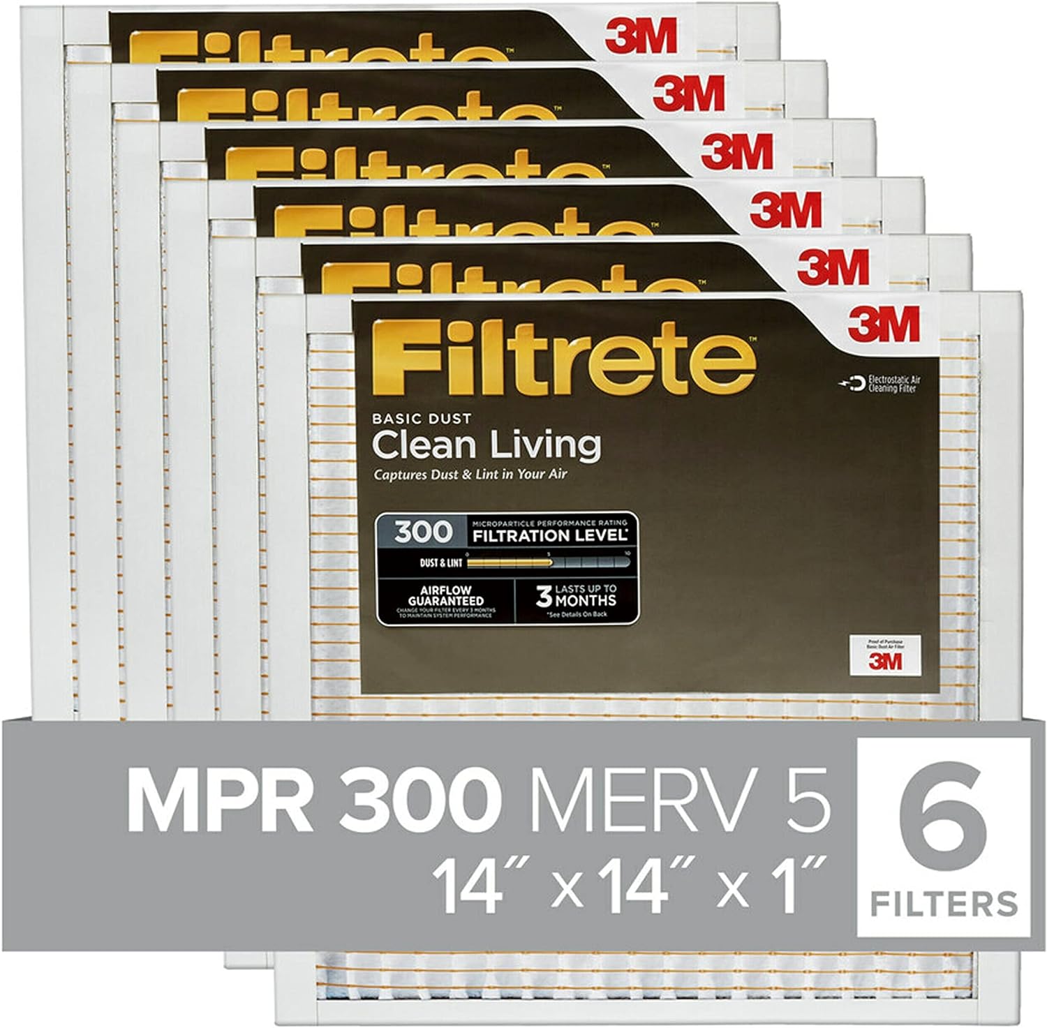 Filtrete 14x14x1 Air Filter, MPR 300, MERV 5, Clean Living Basic Dust 3-Month Pleated 1-Inch Air Filters, 6 Filters