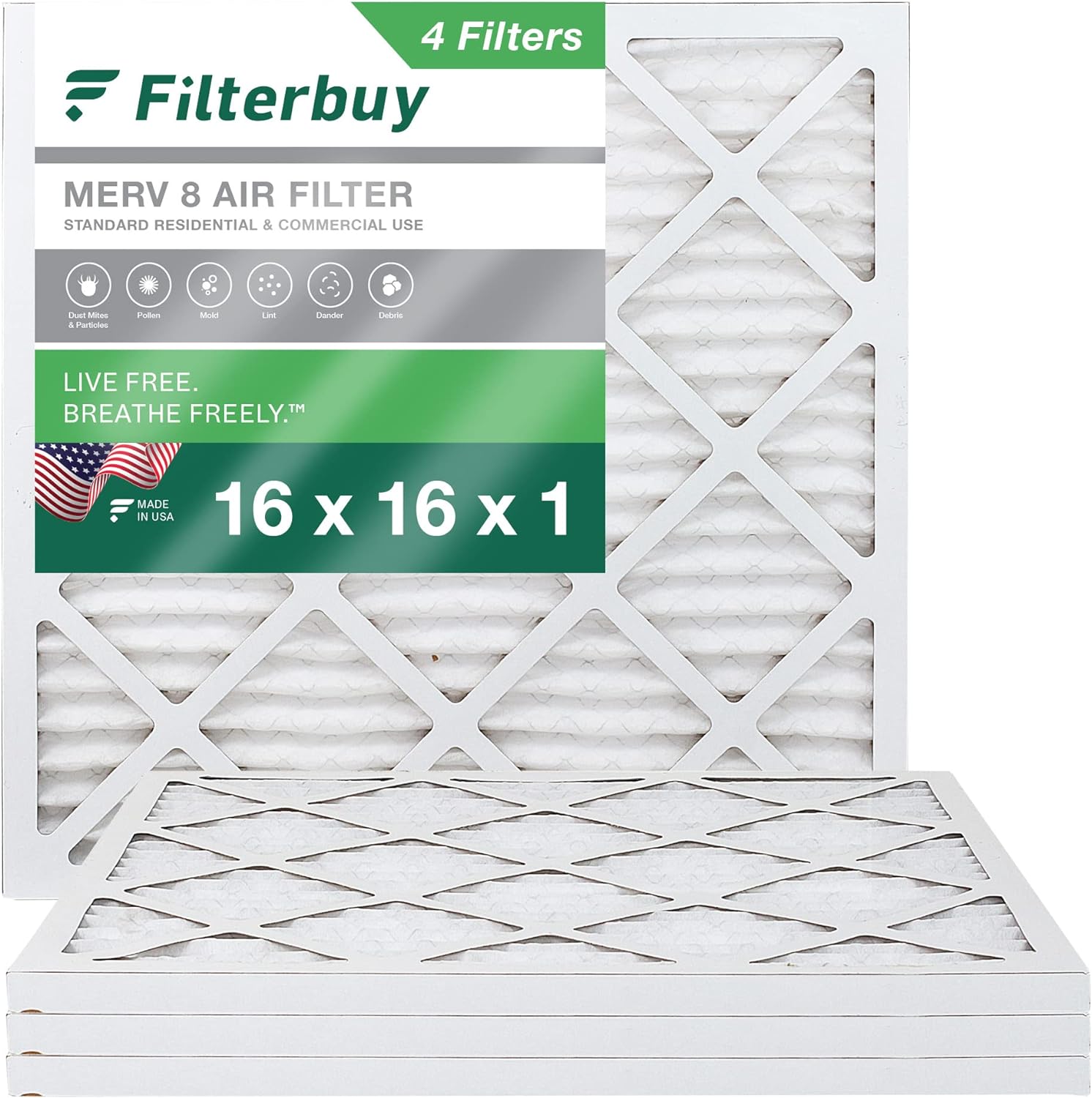 Filterbuy 16x16x1 Air Filter MERV 8 Dust Defense (4-Pack), Pleated HVAC AC Furnace Air Filters Replacement (Actual Size: 15.75 x 15.75 x 0.75 Inches)