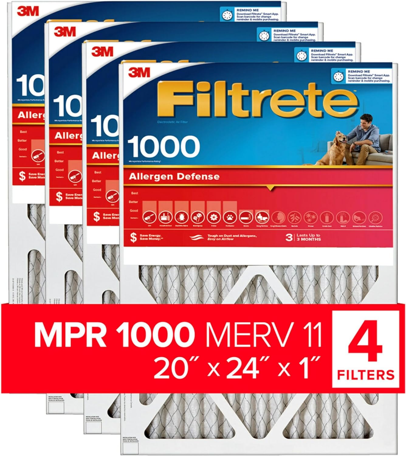 Filtrete 20x24x1 Air Filter, MPR 1000, MERV 11, Micro Allergen Defense 3-Month Pleated 1-Inch Air Filters, 4 Filters