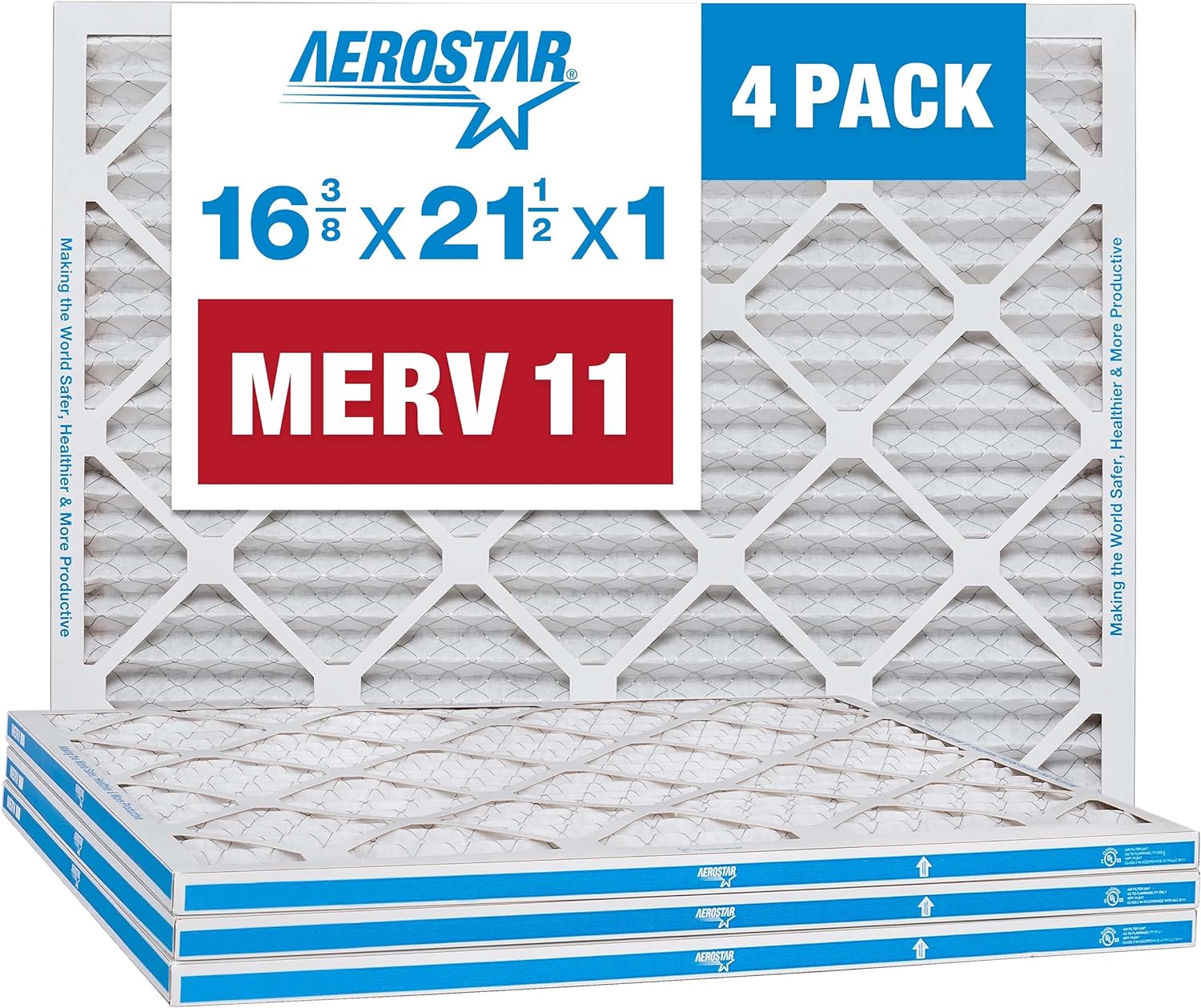 Aerostar 16 3/8 x 21 1/2 x 1 MERV 11 Pleated Air Filter, AC Furnace Air Filter, 4 Pack (Actual Size: 16 3/8x21 1/2x3/4)