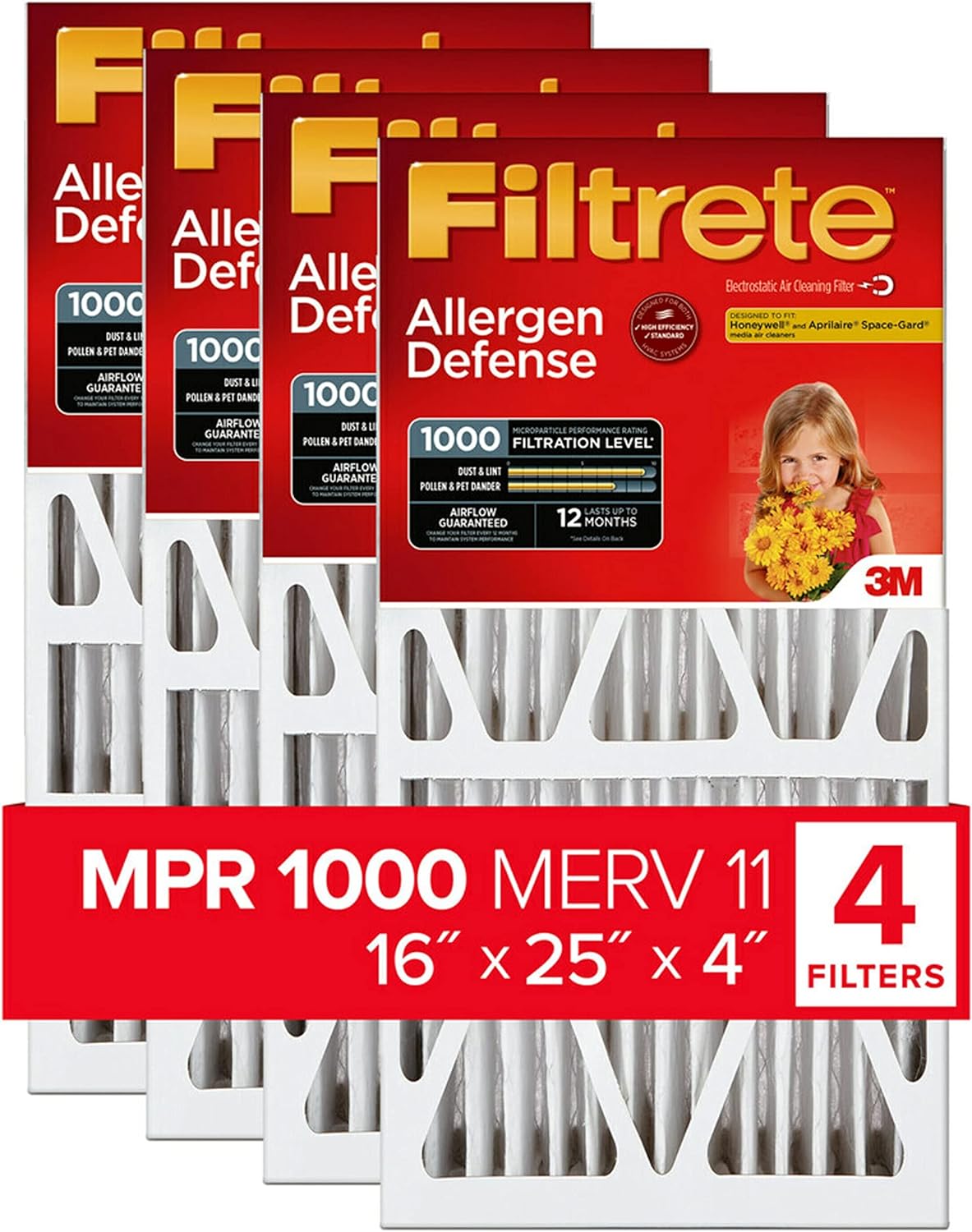 Filtrete 16x25x4 Air Filter, MPR 1000, MERV 11, Allergen Defense 12-Month, 4-Inch Air Filters, 4 Filters (15.88 in x 24.56 in x 4.31 in)