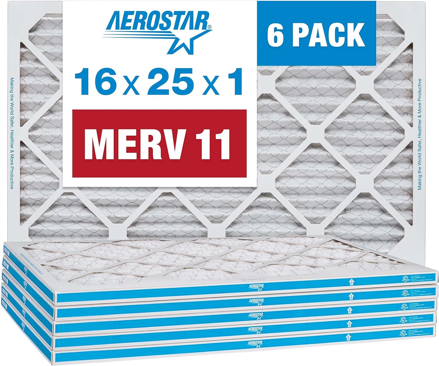 Aerostar 16x25x1 MERV 11 Pleated AC Furnace Air Filter, 6 Pack (Actual Size: 15 3/4x 24 3/4 x 3/4)