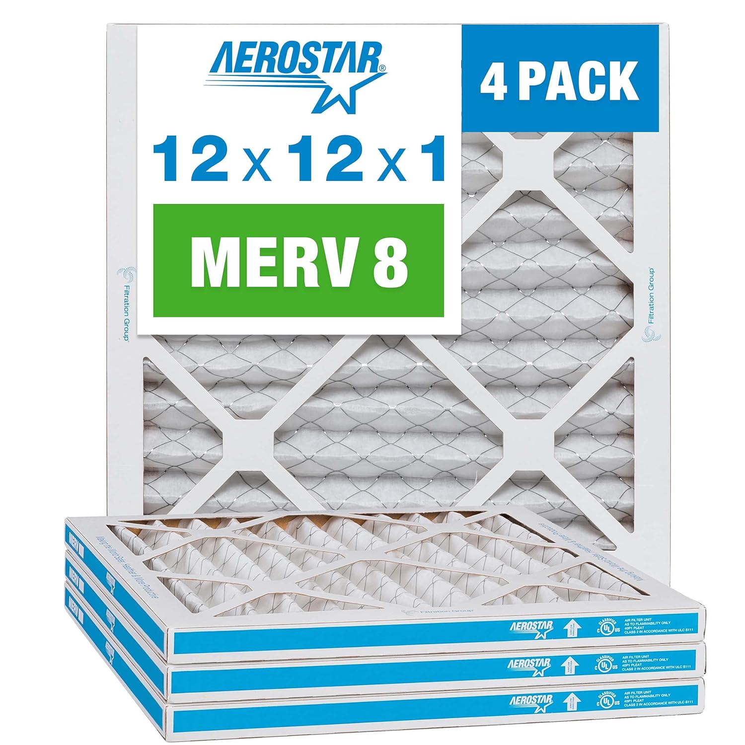 Aerostar 12x12x1 MERV 8 Pleated Air Filter, AC Furnace Air Filter, 4 Pack (Actual Size: 11 3/4 x 11 3/4 x 3/4)