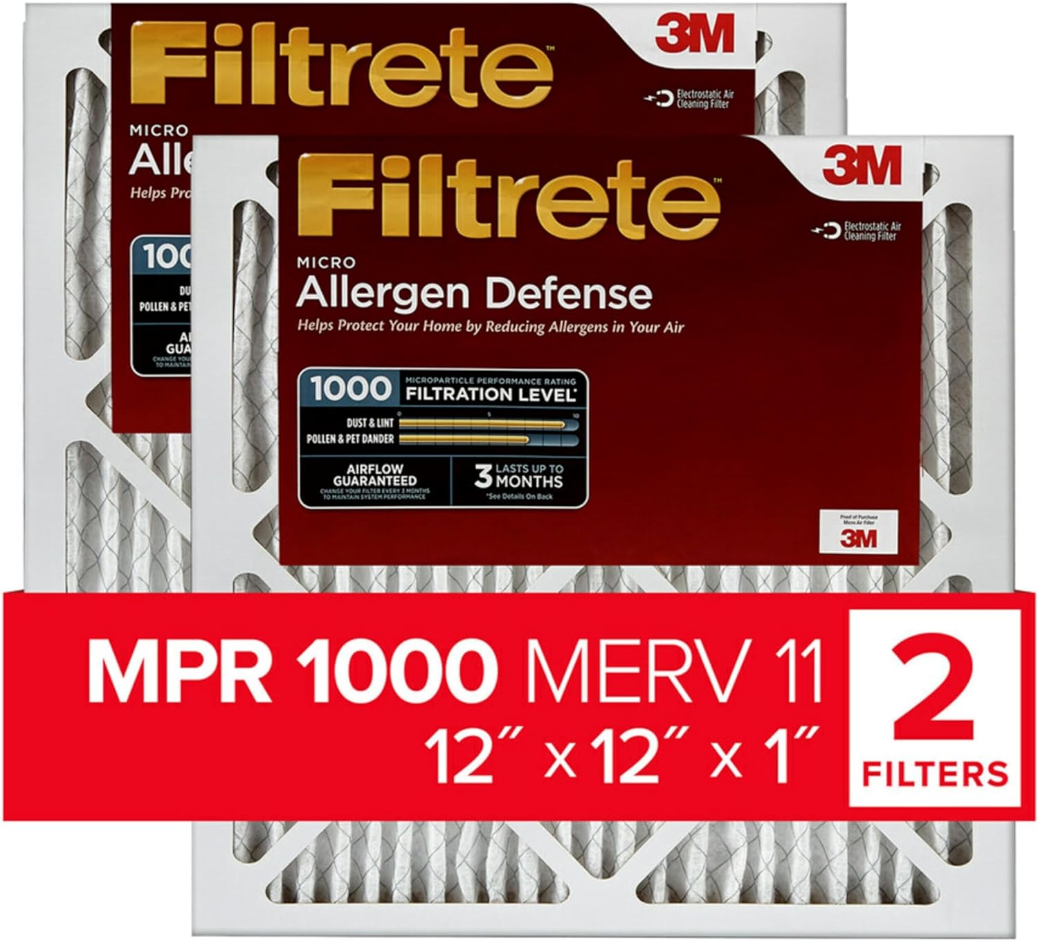 Filtrete 12x12x1 Air Filter, MPR 1000, MERV 11, Micro Allergen Defense 3-Month Pleated 1-Inch Air Filters, (Pack of 2)