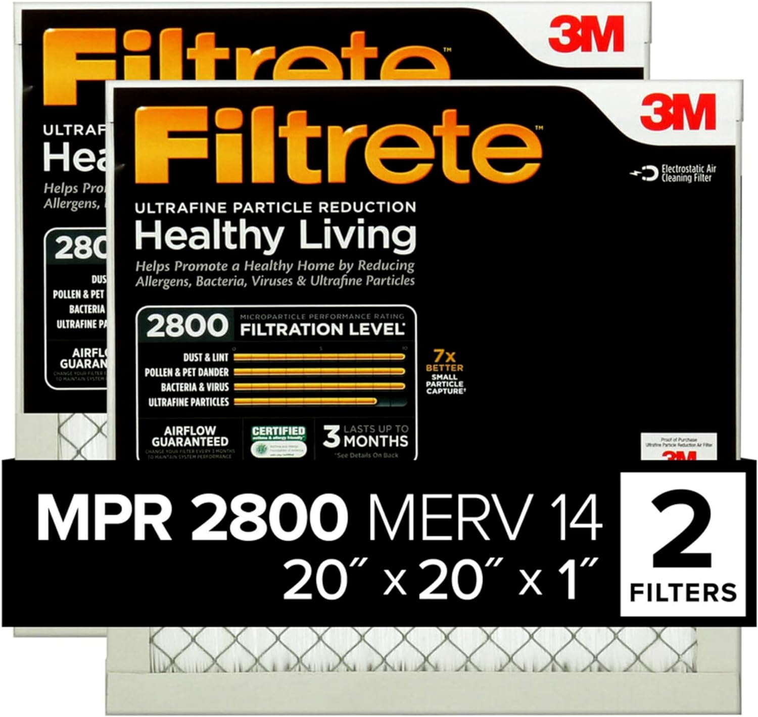 Filtrete 20x20x1 Air Filter, MPR 2800, MERV 14, Healthy Living Ultrafine Particle Reduction 3-Month Pleated 1-Inch Air Filters, 2 Filters