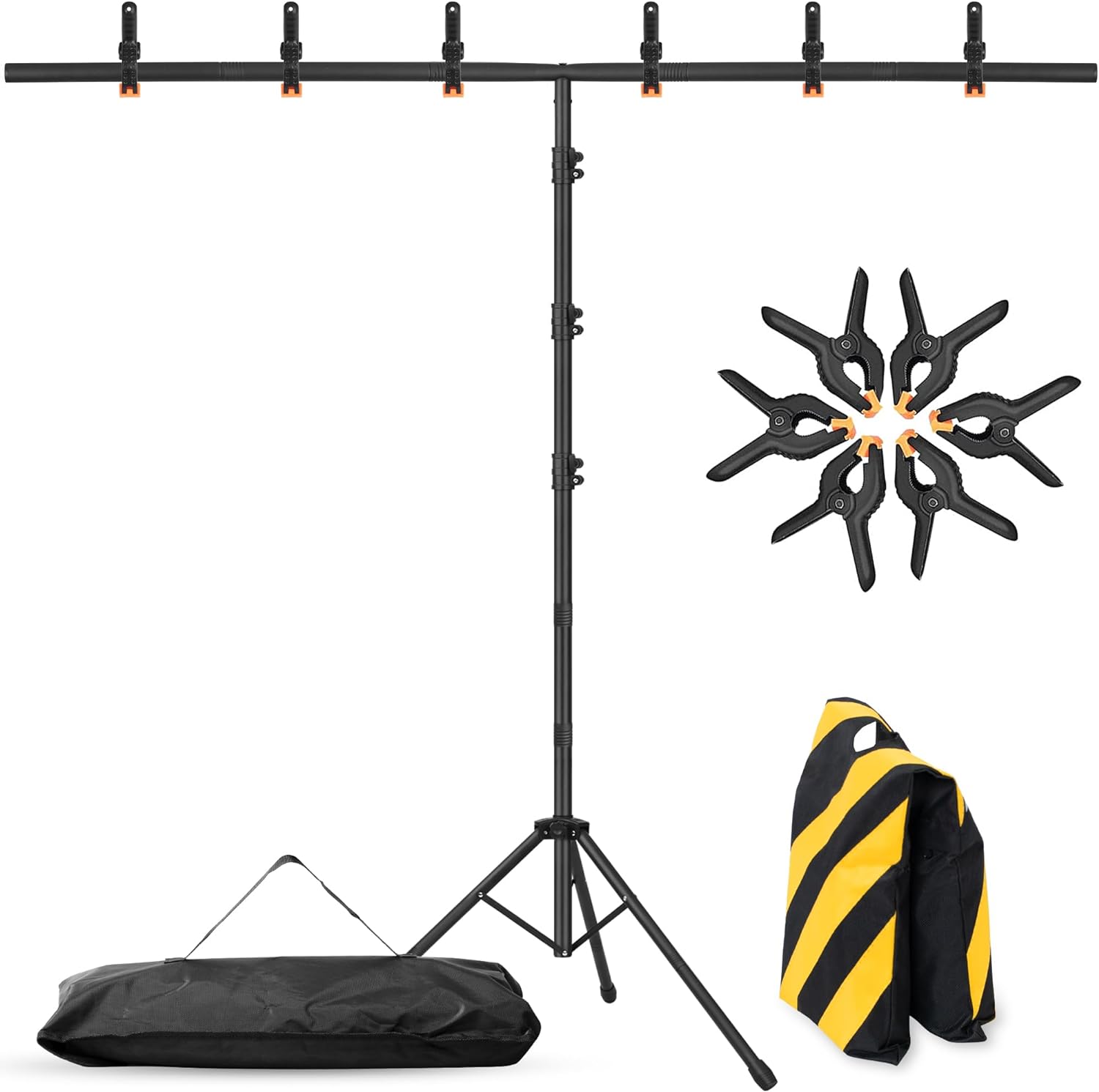 T-Shape Portable Backdrop Stand  8x5.2ft Adjustable Photo Background Stand Kit, Sturdy Small Back Drop Holder with 6 Spring Clamps, Sandbag, Carry Bag for Party, Photography and Video Studio