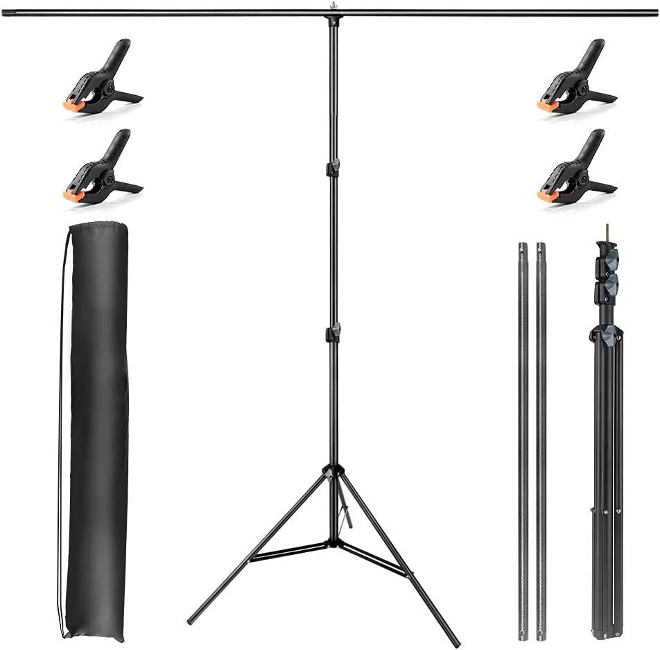 T-Shape Portable Backdrop Stand Kit 5ft Wide 6.5ft Tall Adjustable, Photography Backdrop Background Support System with 4 Spring Clamps, Carry Bag for Video Studio, Parties, Zoom