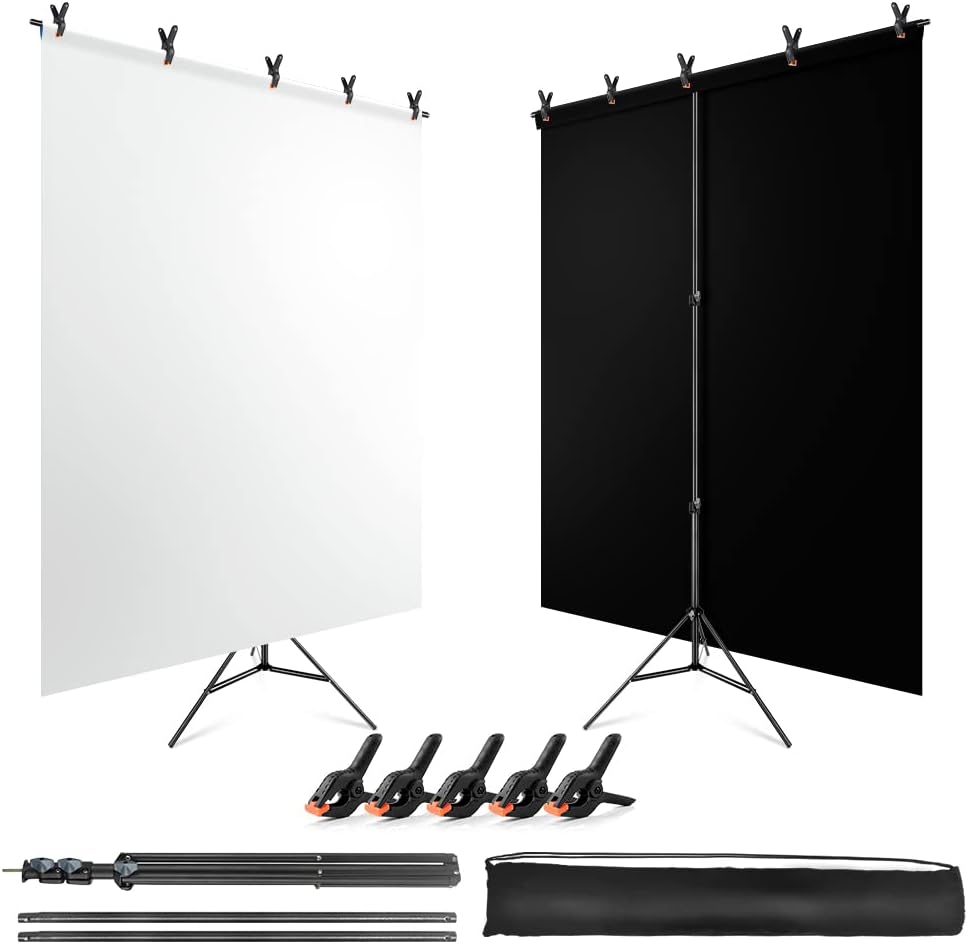 5X6.5ft White Black Backdrop with Stand Kit for Photoshoot, Black White Photography Backdrop Background with T-Shape Background Support Stand and Carrying Bag,5 Spring Clamps for Party Wedding